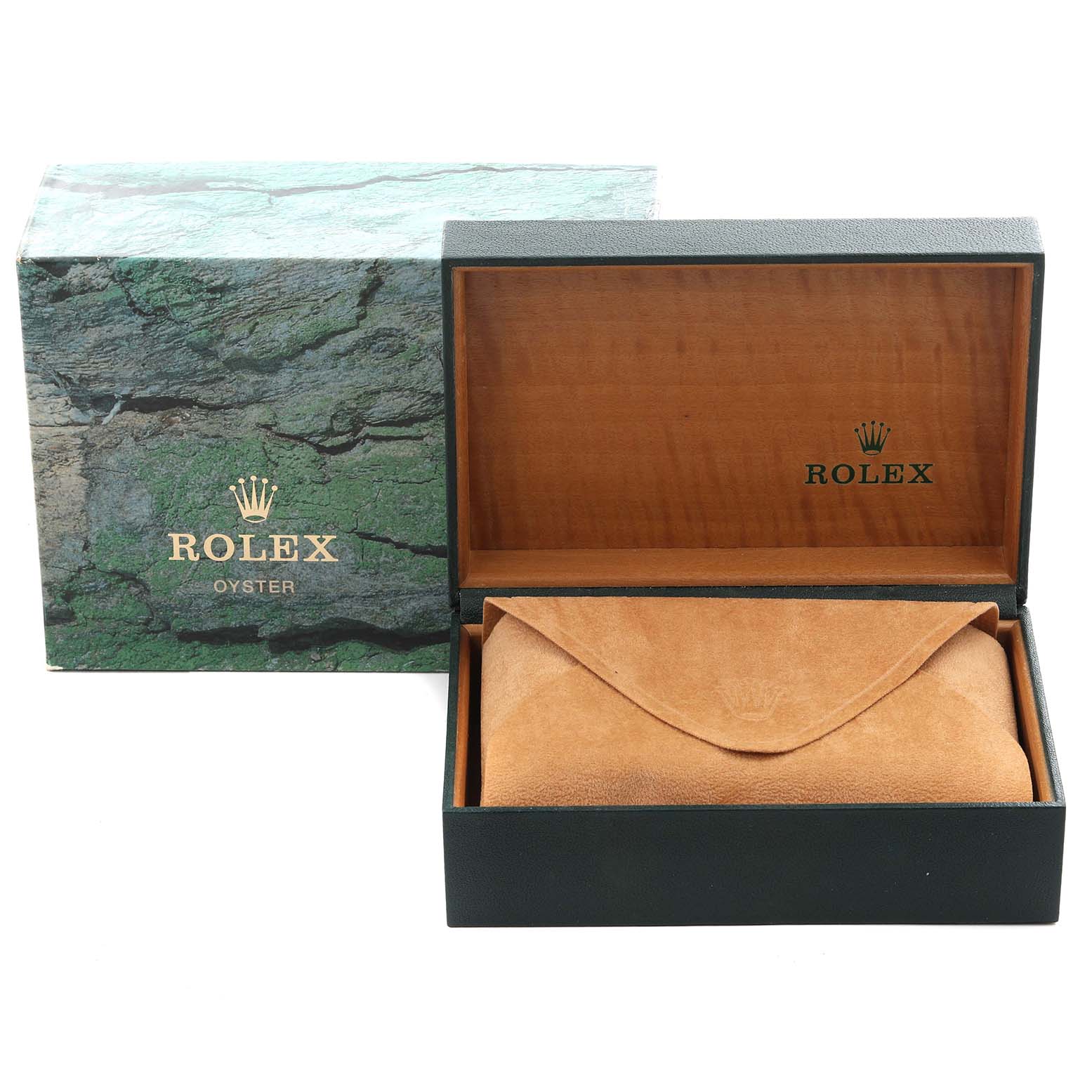 The image shows a Rolex Date 15210 Men's Stainless Steel Blue Dial 15210 Men's Stainless Steel Blue Dial model box and case, with the outer green box and inner suede pouch visible.