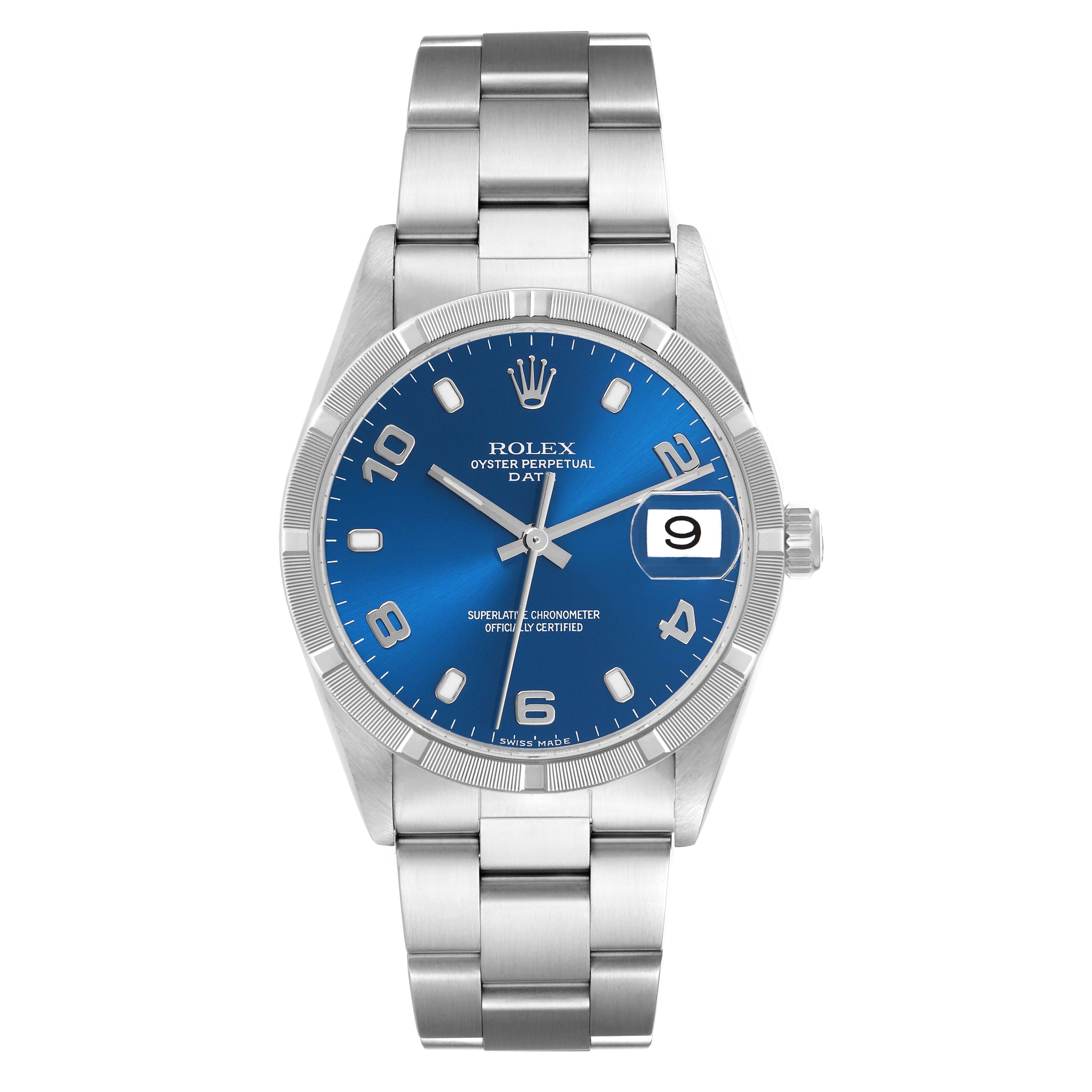 The Rolex Date 15210 Men's Stainless Steel Blue Dial 15210 Men's Stainless Steel Blue Dial watch is shown from a front angle, displaying its blue dial, date window, and stainless steel bracelet.