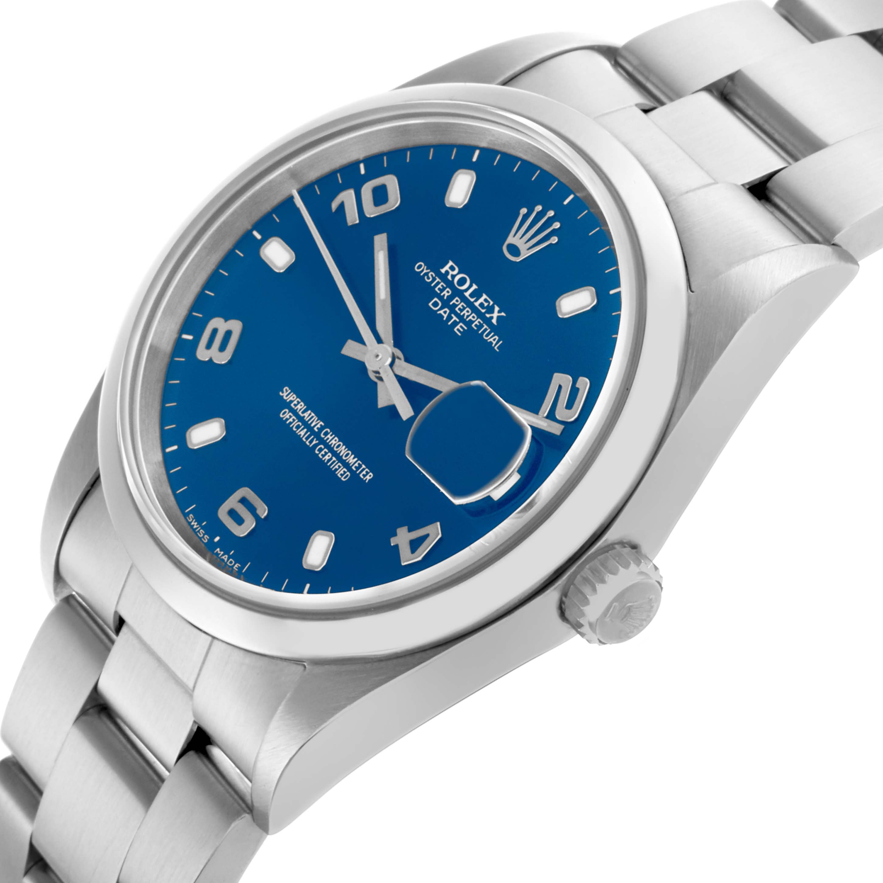 The Rolex Date 15200 Men's Stainless Steel Blue Dial 15200 Men's Stainless Steel Blue Dial watch is shown at an angled view, highlighting the blue dial, numerals, bezel, crown, and the metal bracelet.