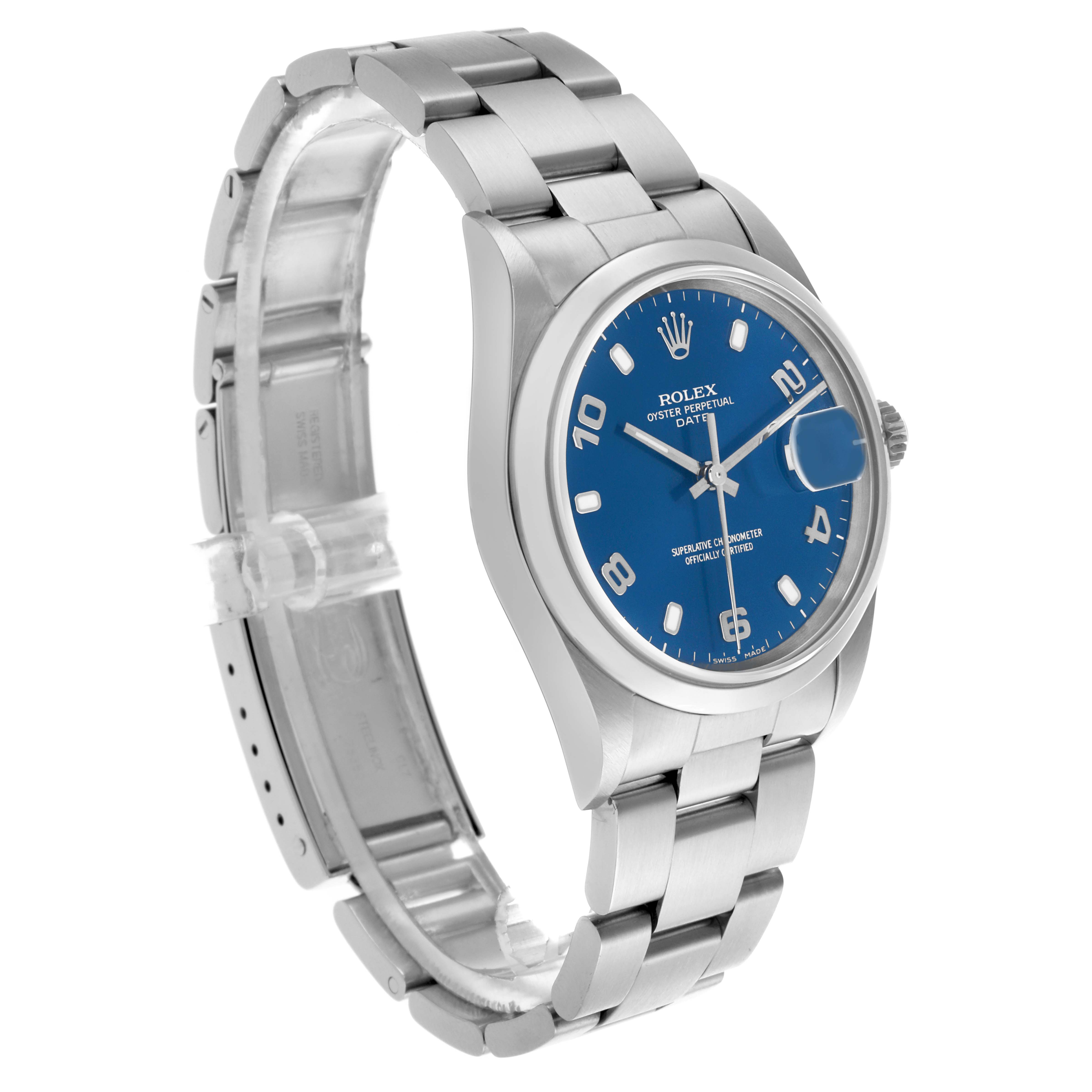 The Rolex Date 15200 Men's Stainless Steel Blue Dial 15200 Men's Stainless Steel Blue Dial watch is shown at a three-quarter angle, featuring the face, bezel, crown, and part of the bracelet.