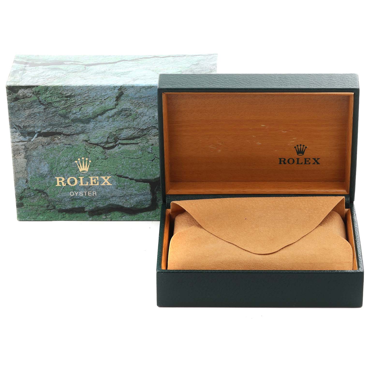 The image shows an open Rolex box and pouch for a Date model, revealing the interior packaging.