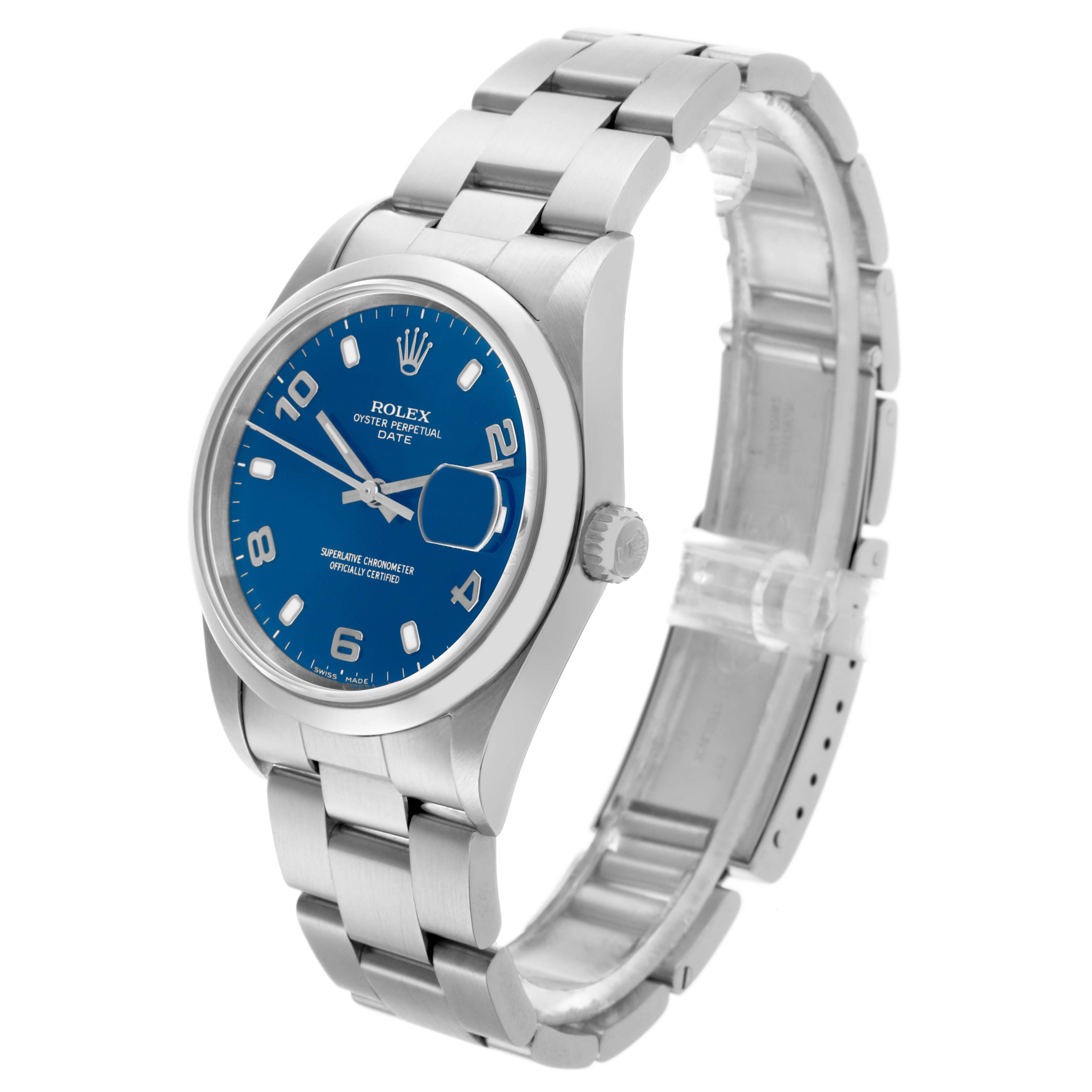 The Rolex Date 15200 Men's Stainless Steel Blue Dial 15200 Men's Stainless Steel Blue Dial model watch is shown at an angle showcasing the face, bezel, crown, and bracelet.