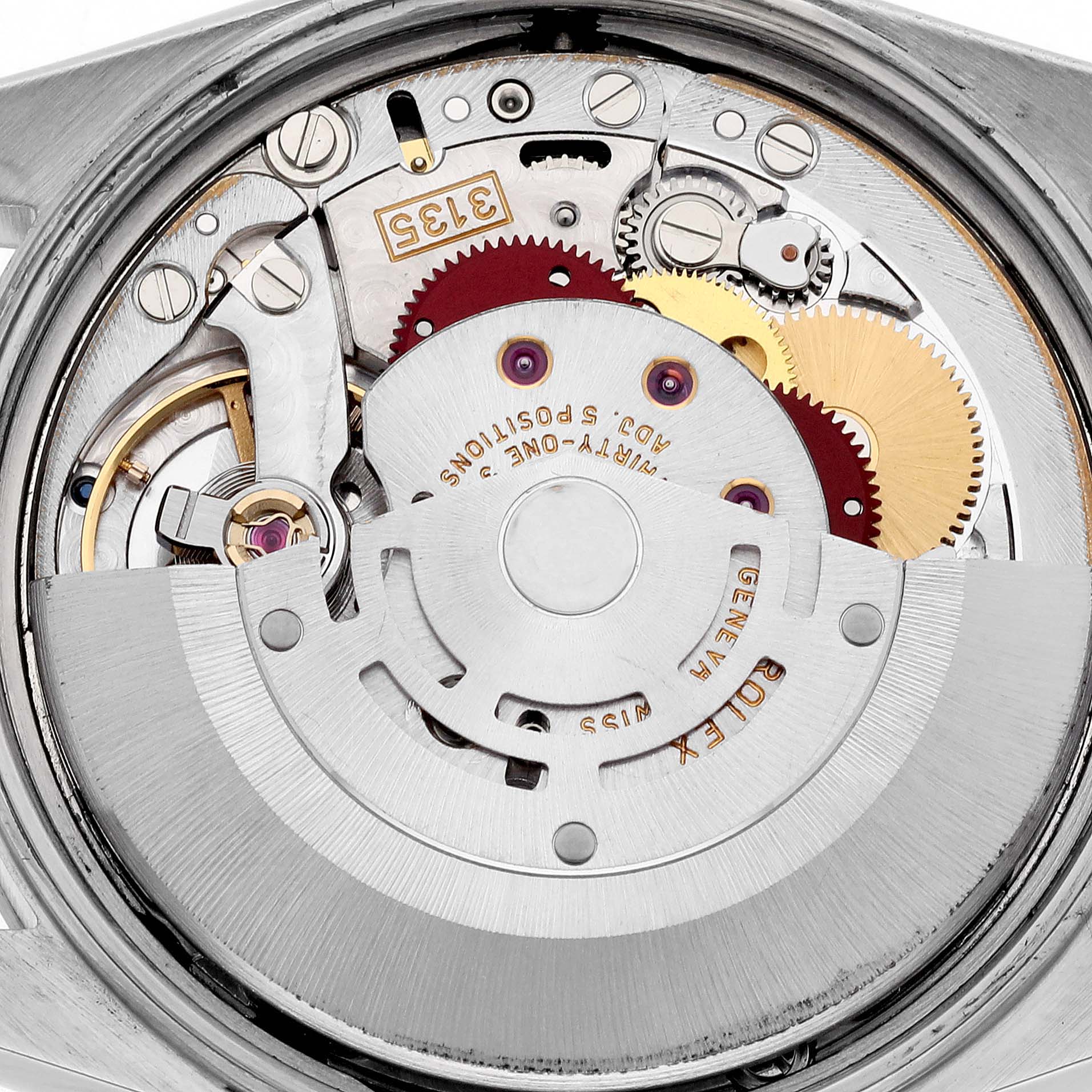 The image shows the movement of a Rolex Date 15200 Men's Stainless Steel Blue Dial 15200 Men's Stainless Steel Blue Dial model watch from a top-down angle, featuring gears and components.
