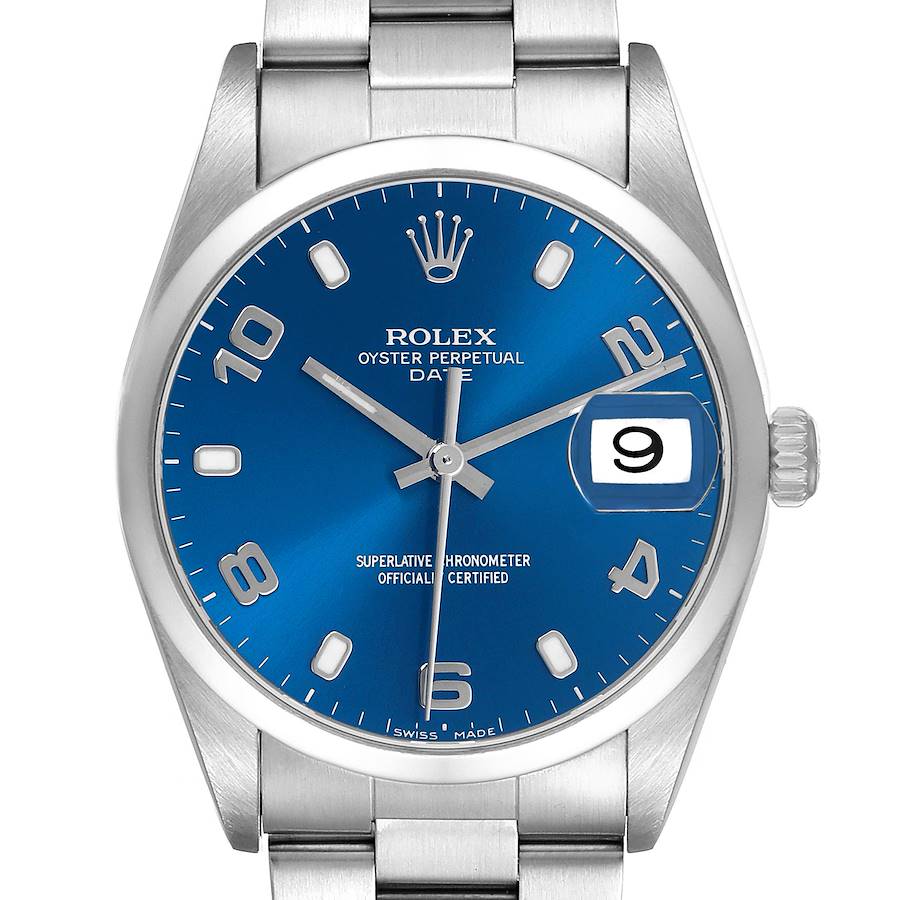 The image shows a front view of the Rolex Date watch, highlighting the dial, bracelet, and crown.