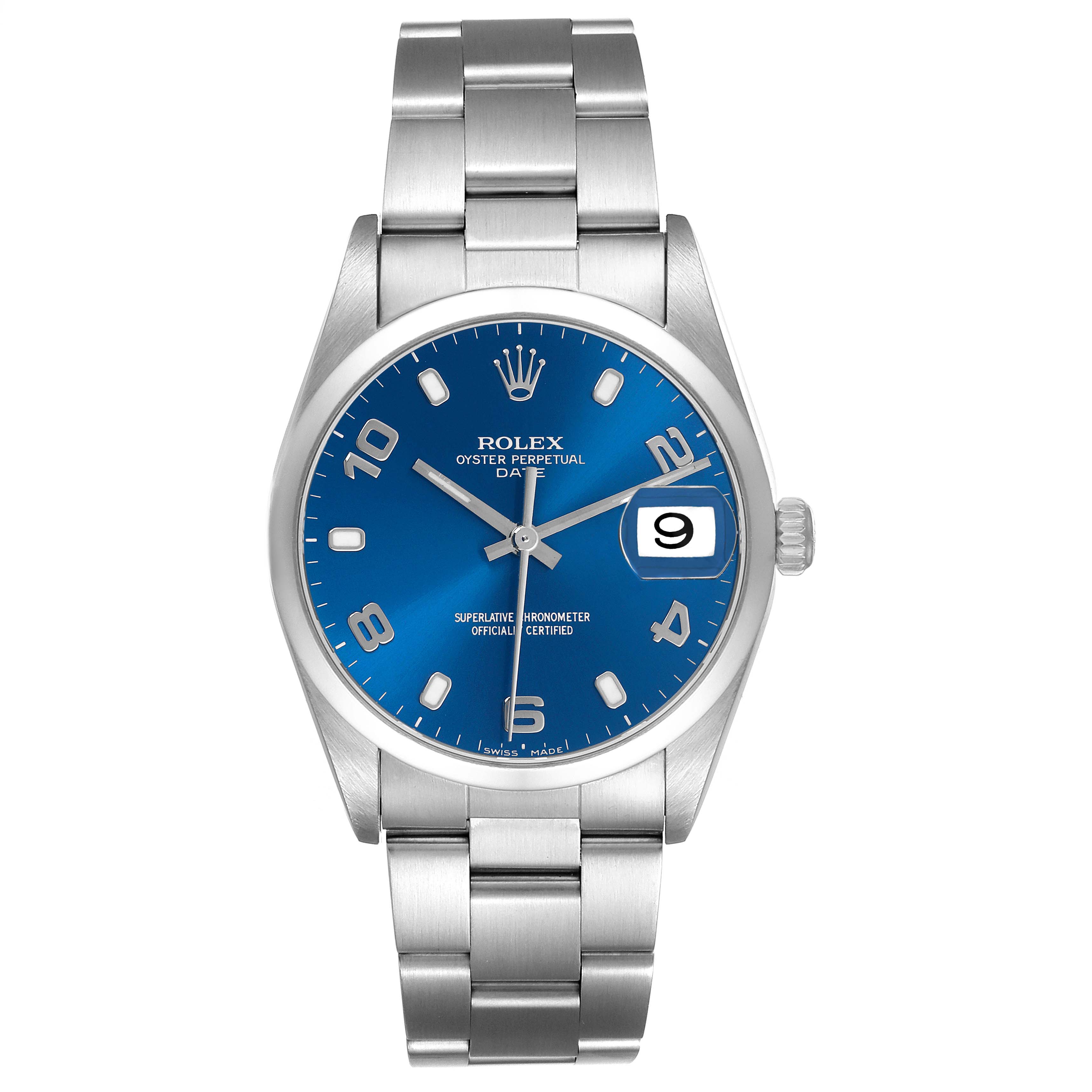 The Rolex Date 15200 Men's Stainless Steel Blue Dial 15200 Men's Stainless Steel Blue Dial model watch is shown from the front, displaying its blue dial, numeral markers, date window, and stainless steel bracelet.