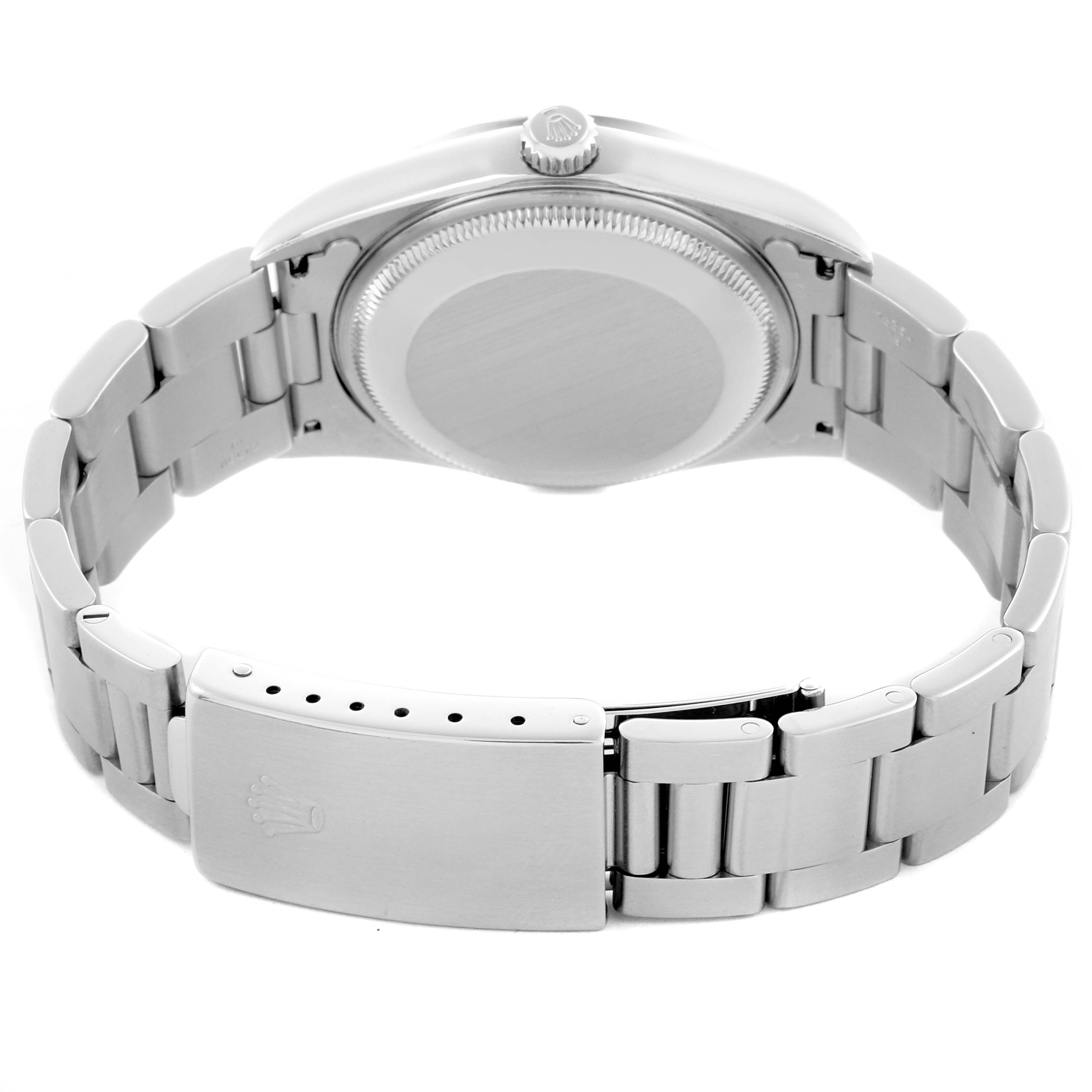 The image shows the back view of a Rolex Date 15200 Men's Stainless Steel Blue Dial 15200 Men's Stainless Steel Blue Dial watch, highlighting the clasp, bracelet, and case back.