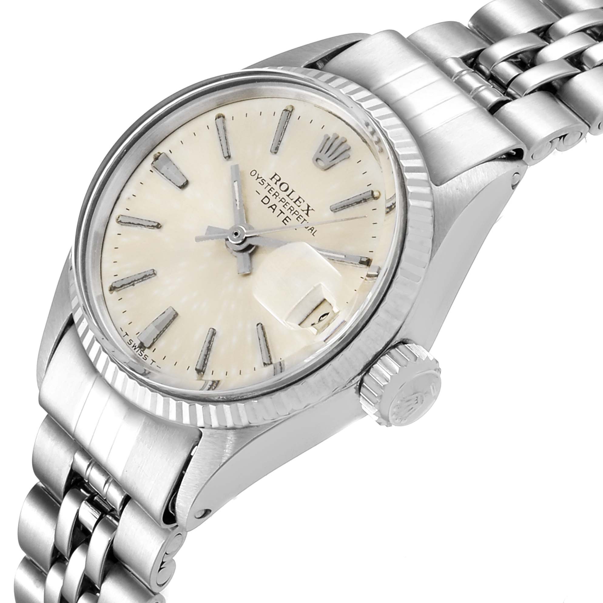 This image shows a close-up angle of the Rolex Date 6517 Women's Stainless Steel Silver Dial 6517 Women's Stainless Steel Silver Dial model watch, highlighting the dial, bezel, crown, and bracelet.