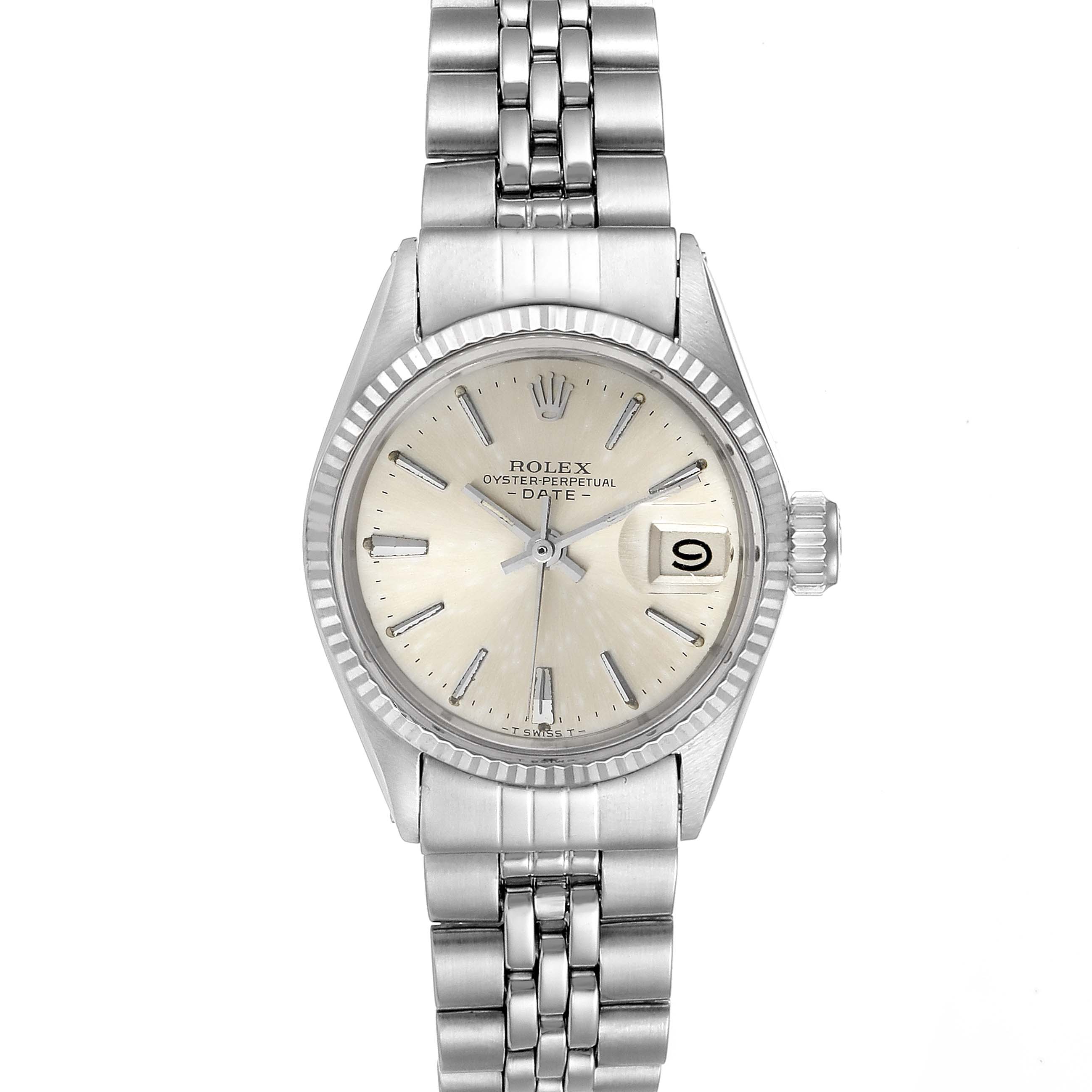The Rolex Date 6517 Women's Stainless Steel Silver Dial 6517 Women's Stainless Steel Silver Dial watch is shown from a top-down angle, displaying the face, bezel, crown, and bracelet.