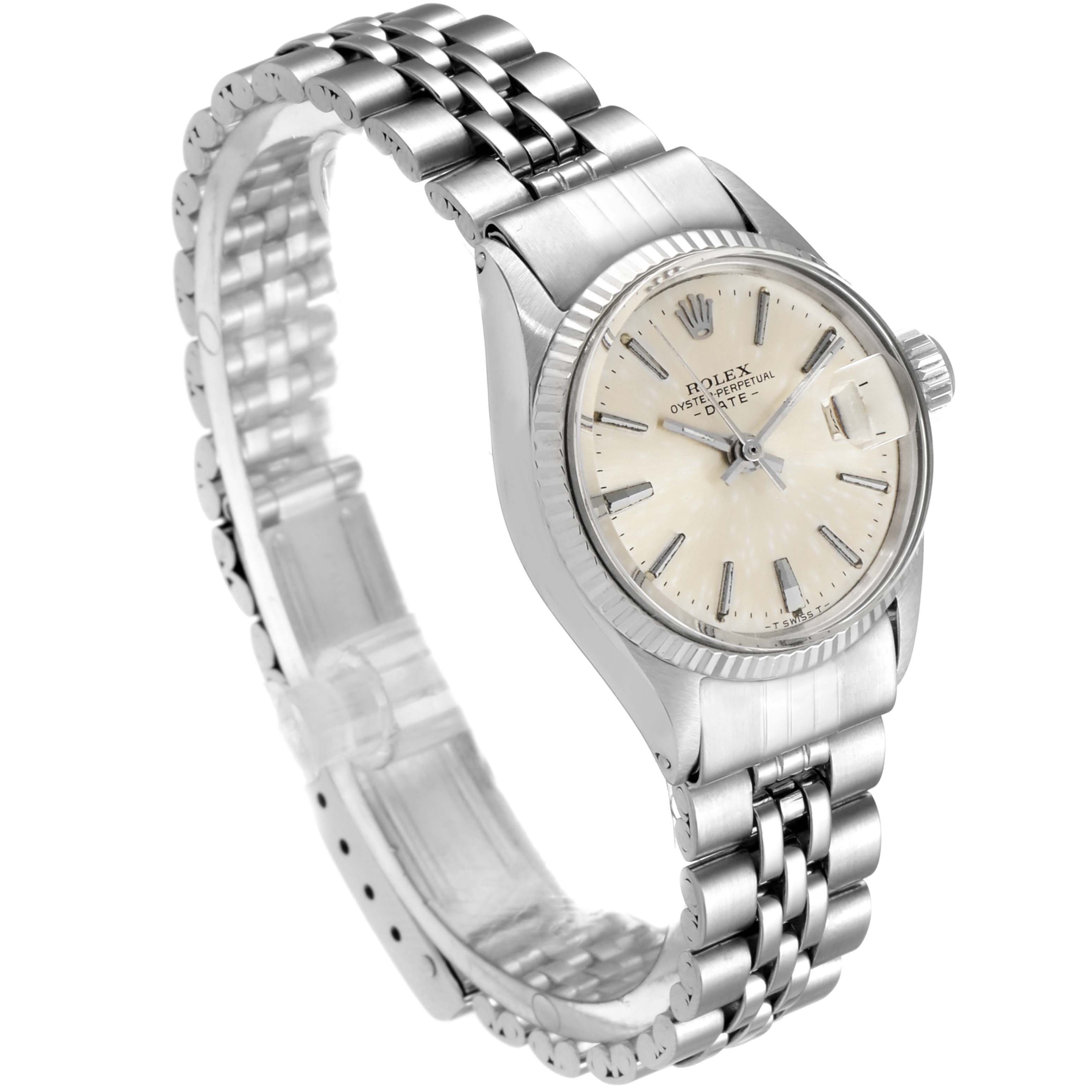 The image shows a Rolex Date 6517 Women's Stainless Steel Silver Dial 6517 Women's Stainless Steel Silver Dial model watch at an angled view highlighting the face, bezel, crown, and jubilee bracelet.