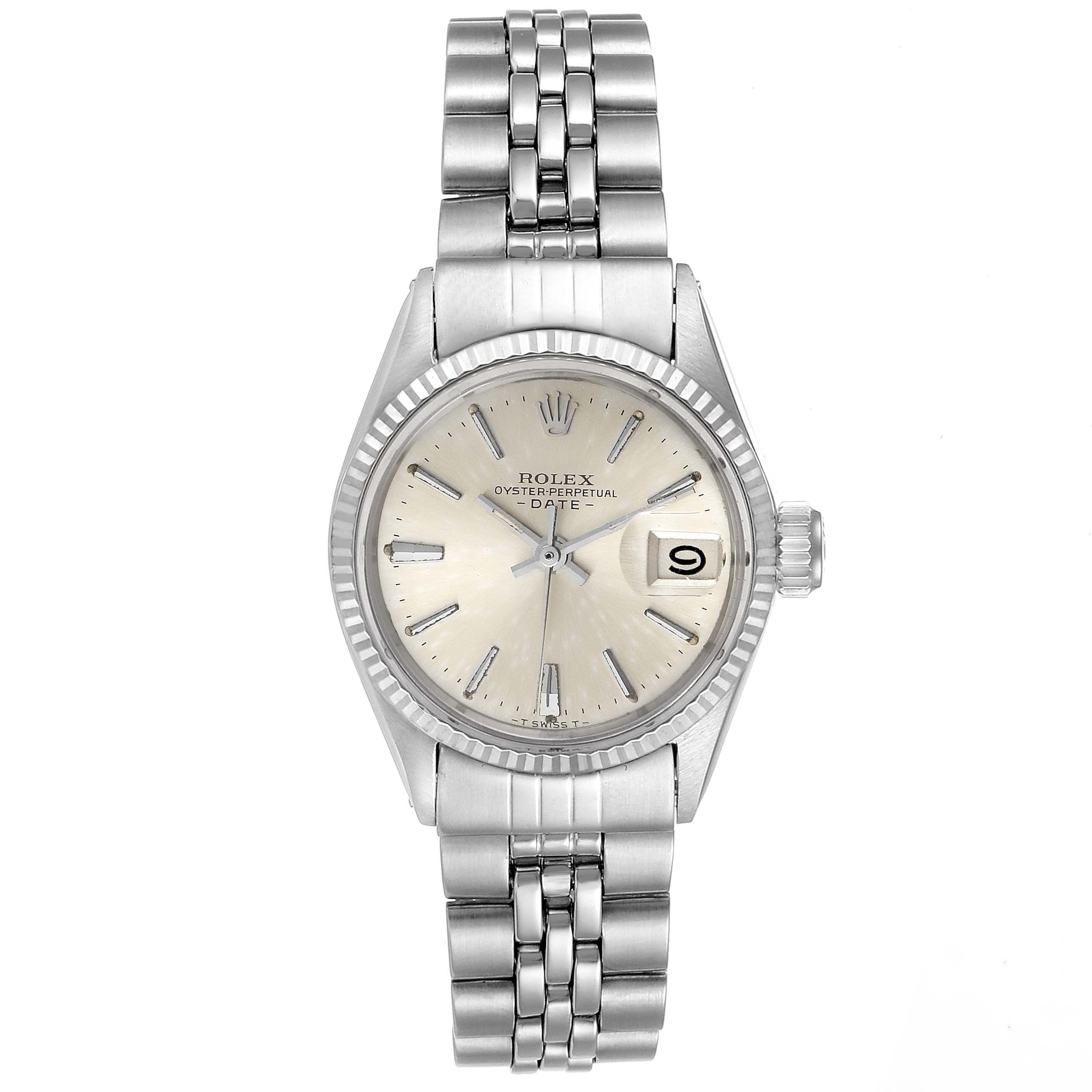 This image shows the front view of a Rolex Date 6517 Women's Stainless Steel Silver Dial 6517 Women's Stainless Steel Silver Dial model watch, including its dial, hands, bracelet, and date window.