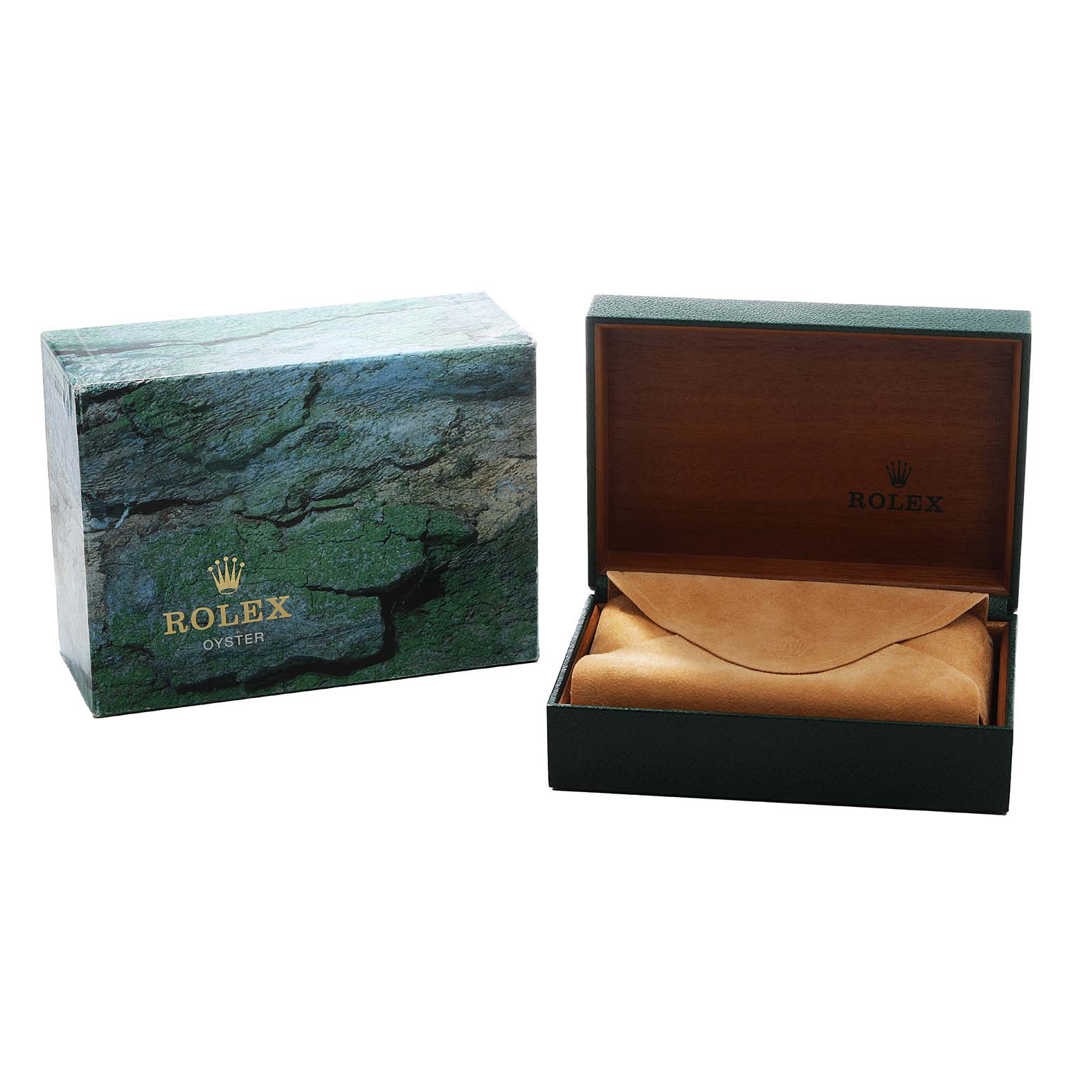 The image shows Rolex Date 15210 Men's Stainless Steel Silver Dial watch packaging with an open box and cushion inside, displaying the brand's logo.