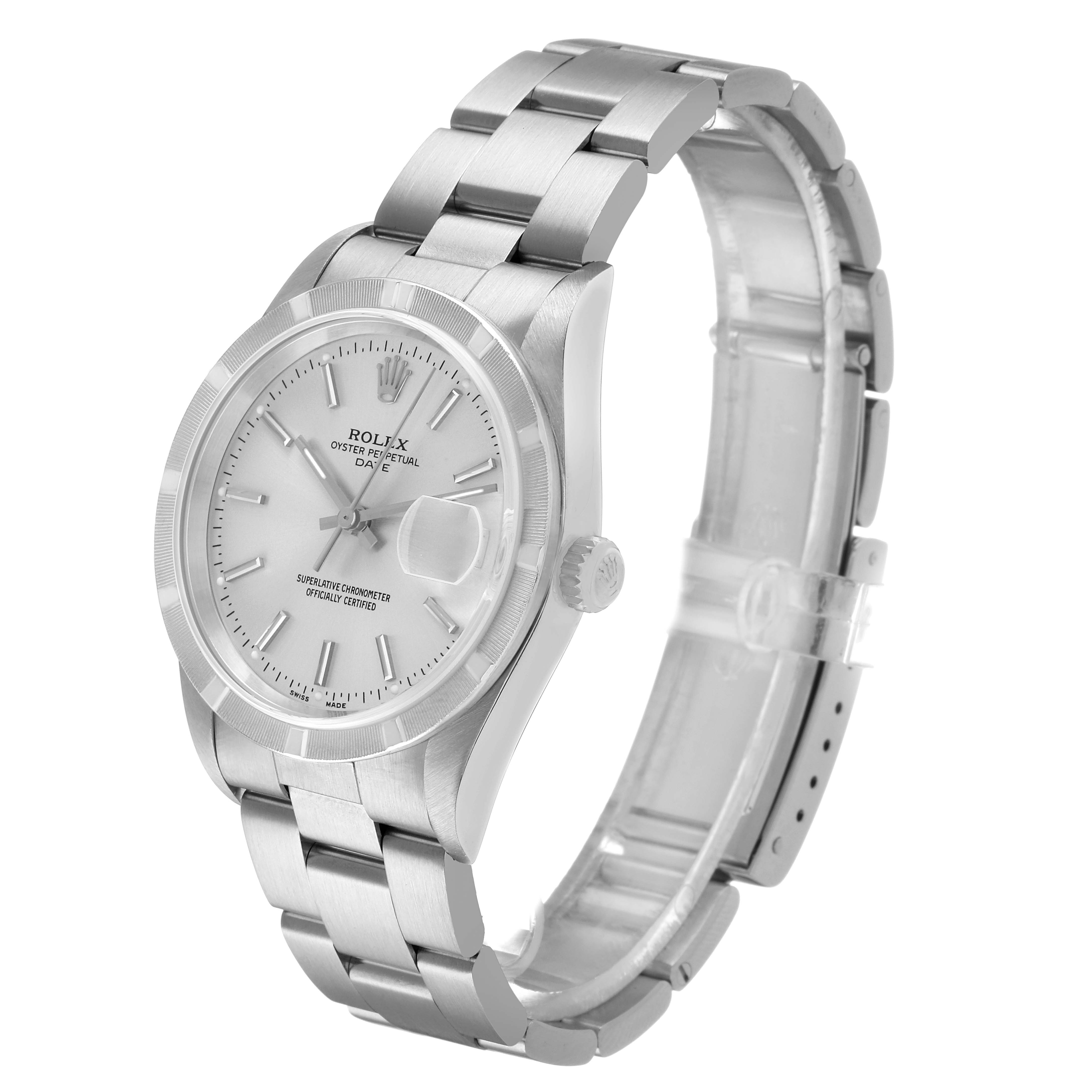 The Rolex Date 15210 Men's Stainless Steel Silver Dial watch is shown at a three-quarter angle highlighting the face, bracelet, and clasp.