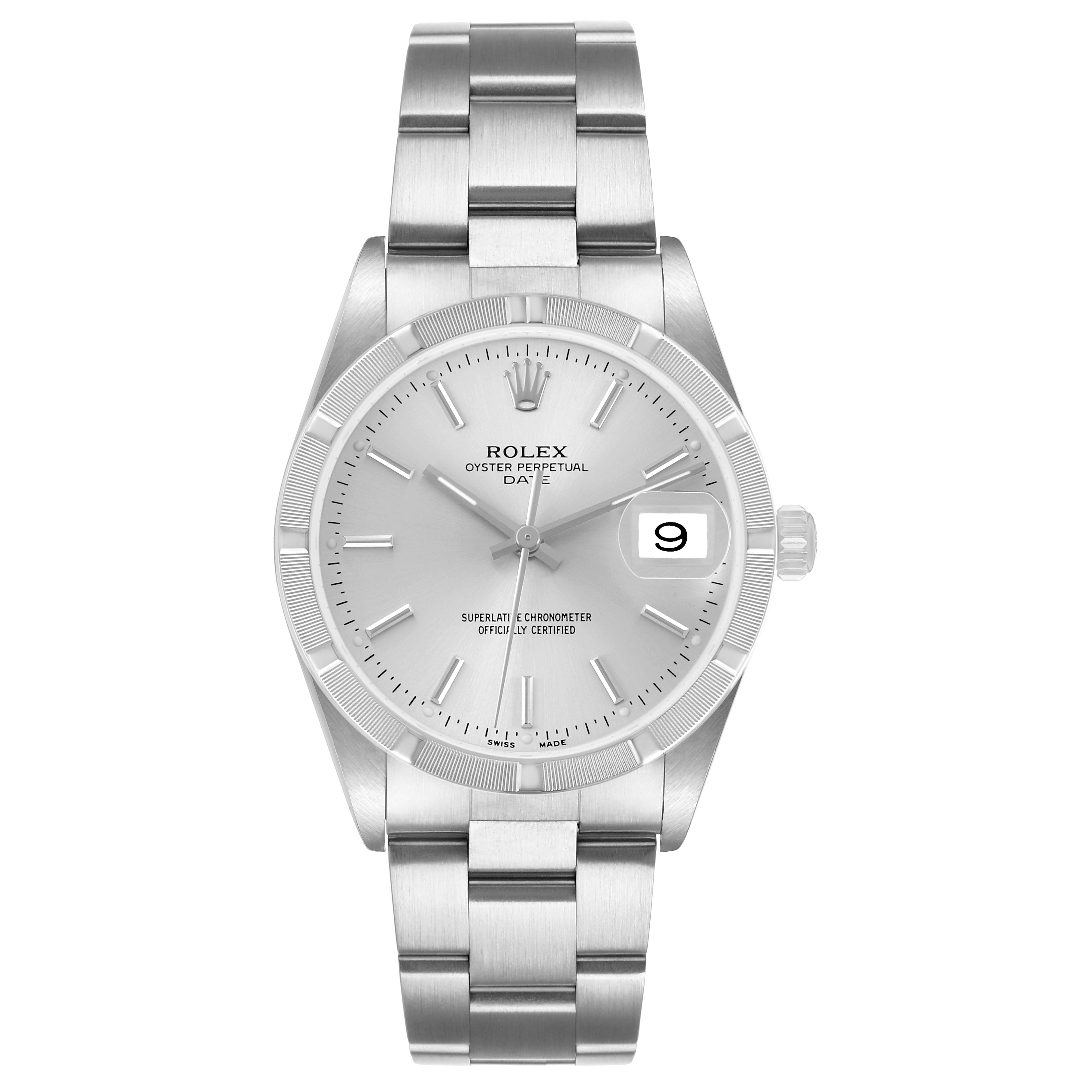 The Rolex Date 15210 Men's Stainless Steel Silver Dial model watch is shown from a front angle, displaying the dial, bezel, bracelet, and date feature.