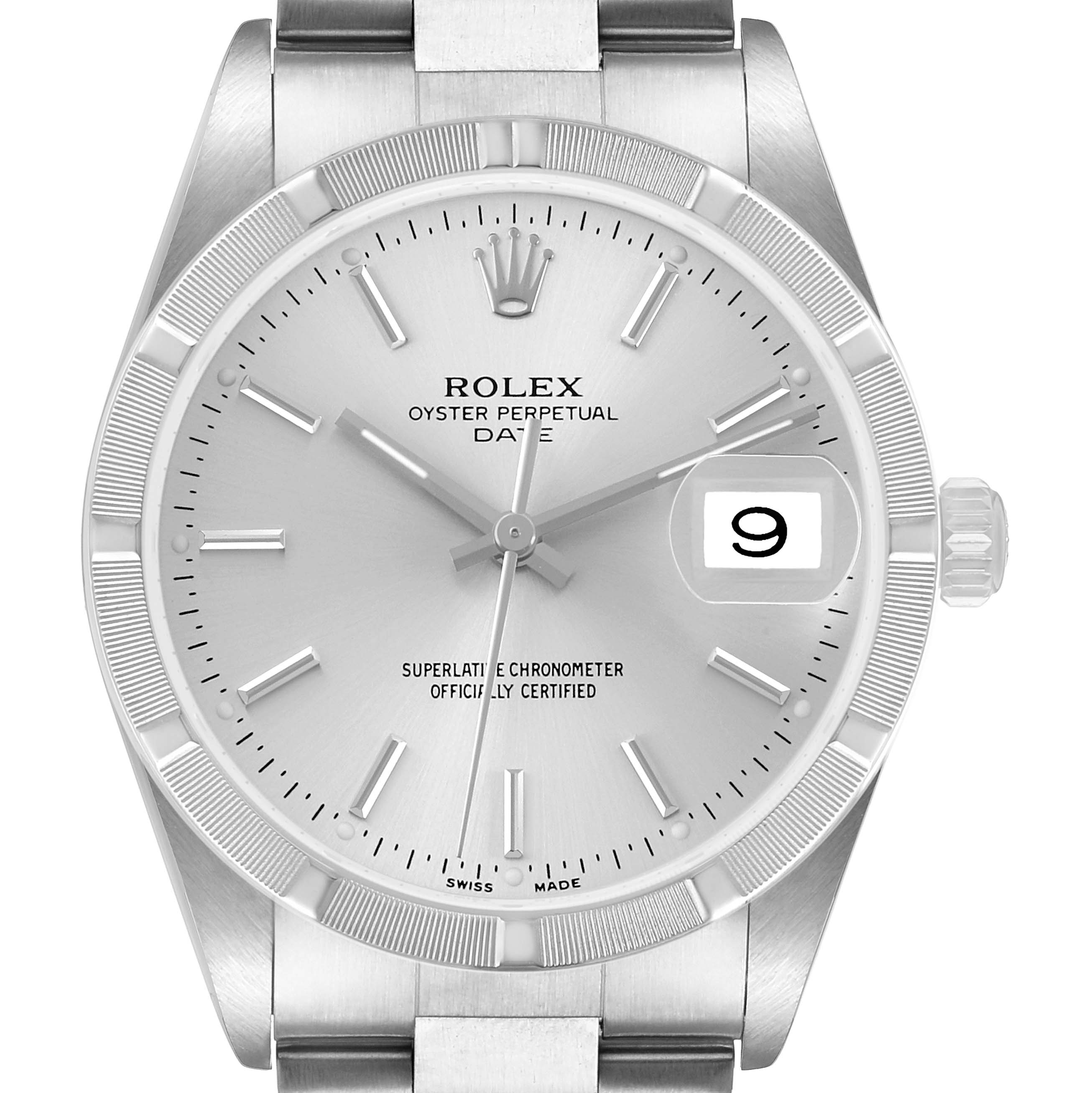 The Rolex Date 15210 Men's Stainless Steel Silver Dial is shown from a front angle, highlighting its dial, date window, bezel, and part of the bracelet.