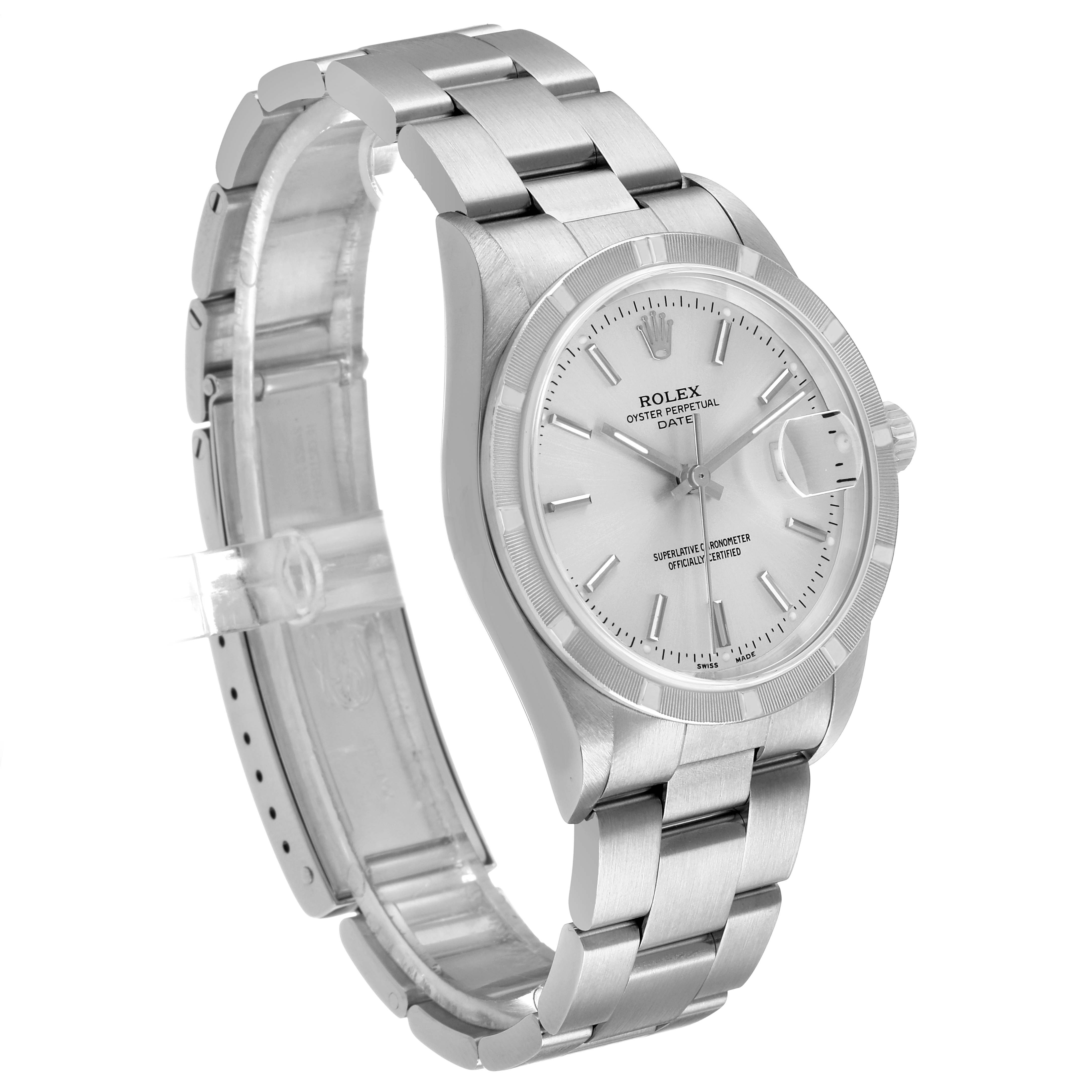 The Rolex Date 15210 Men's Stainless Steel Silver Dial model watch is shown at a slight angle, displaying the bracelet, dial, and case with a visible date magnifier.