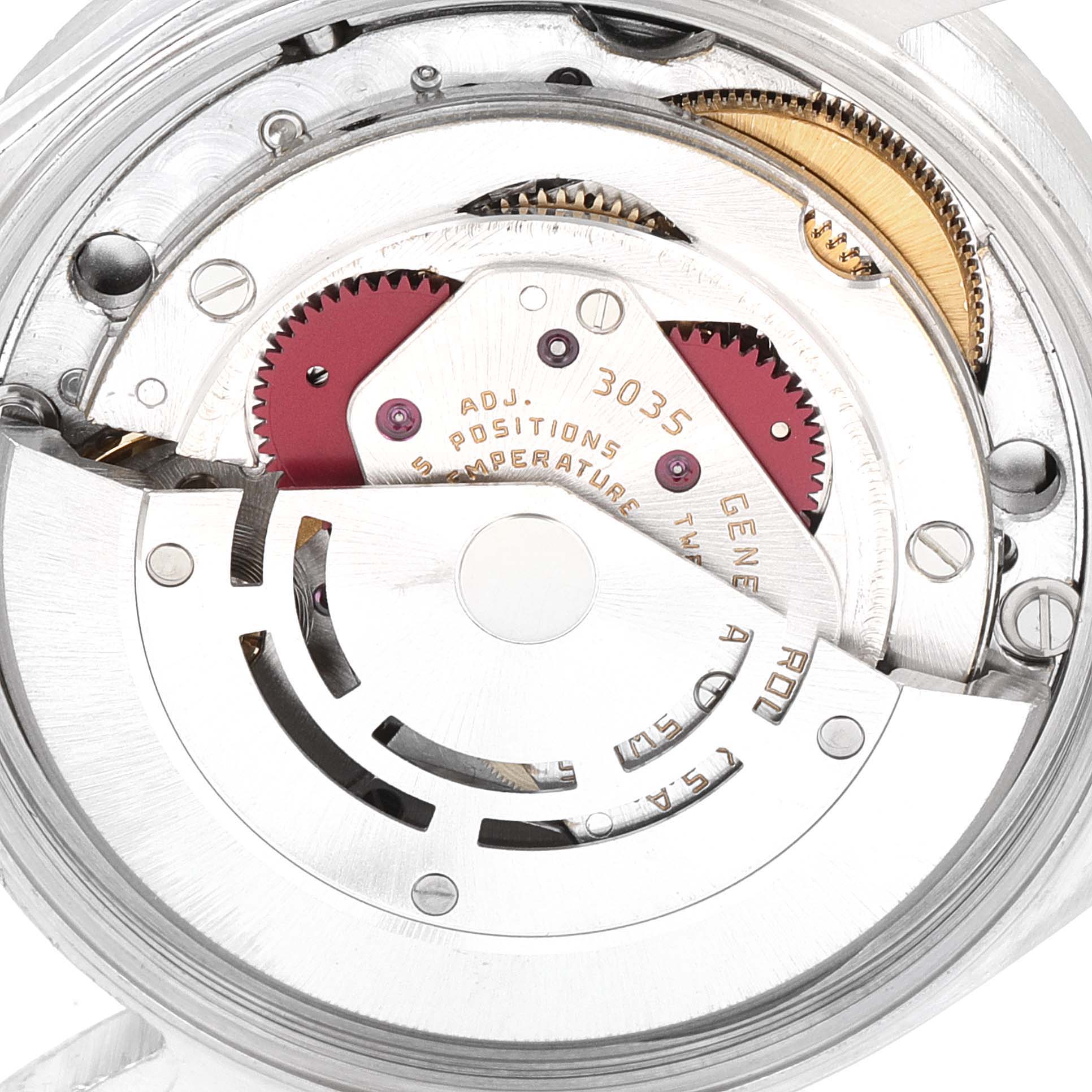 This image displays the movement mechanism of a Rolex Date 15010 Men's Stainless Steel Black Dial 15010 Men's Stainless Steel Black Dial model watch seen from a straight top-down angle.