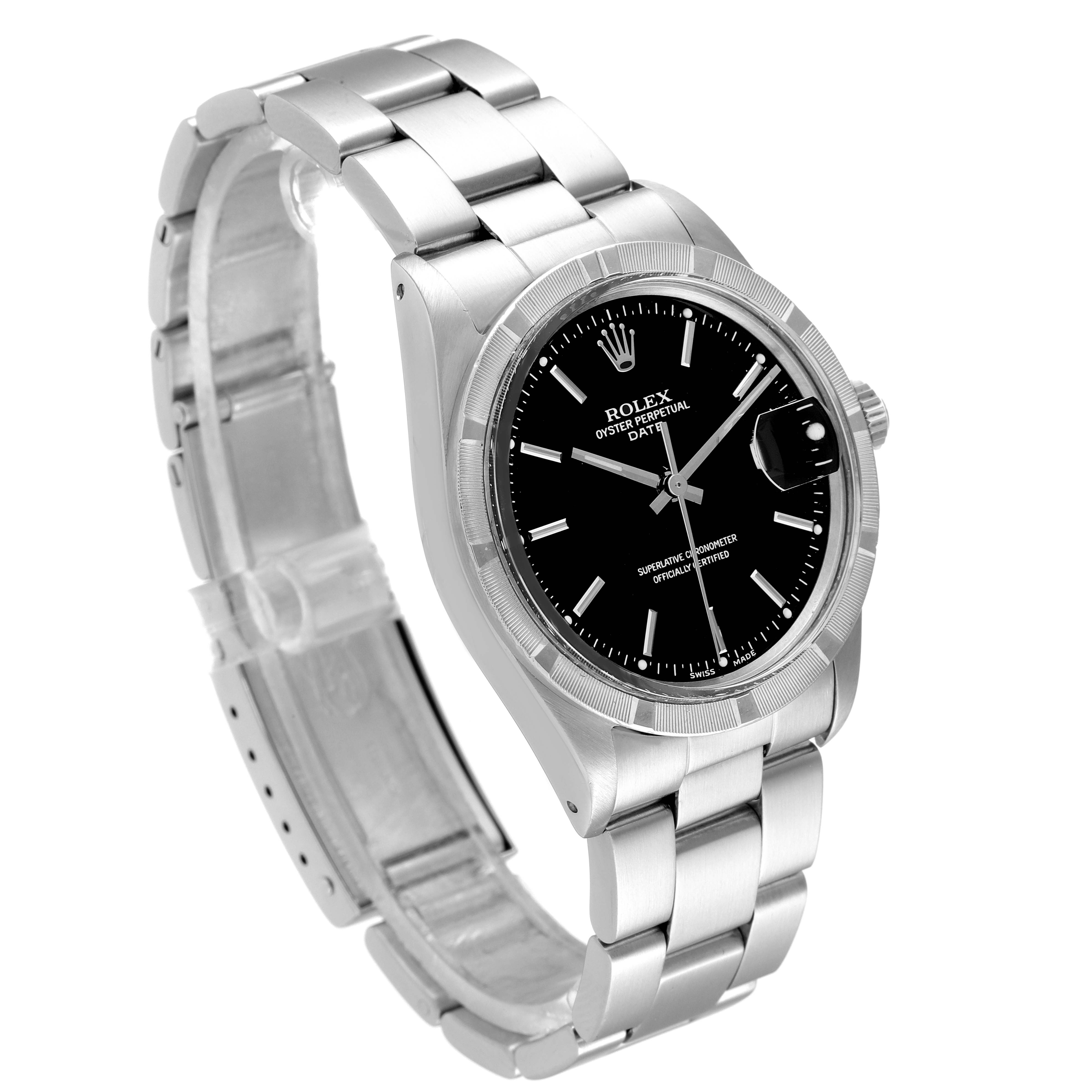 The image shows a Rolex Date 15010 Men's Stainless Steel Black Dial 15010 Men's Stainless Steel Black Dial model watch from a front-left angle, highlighting the dial, bezel, crown, and bracelet.