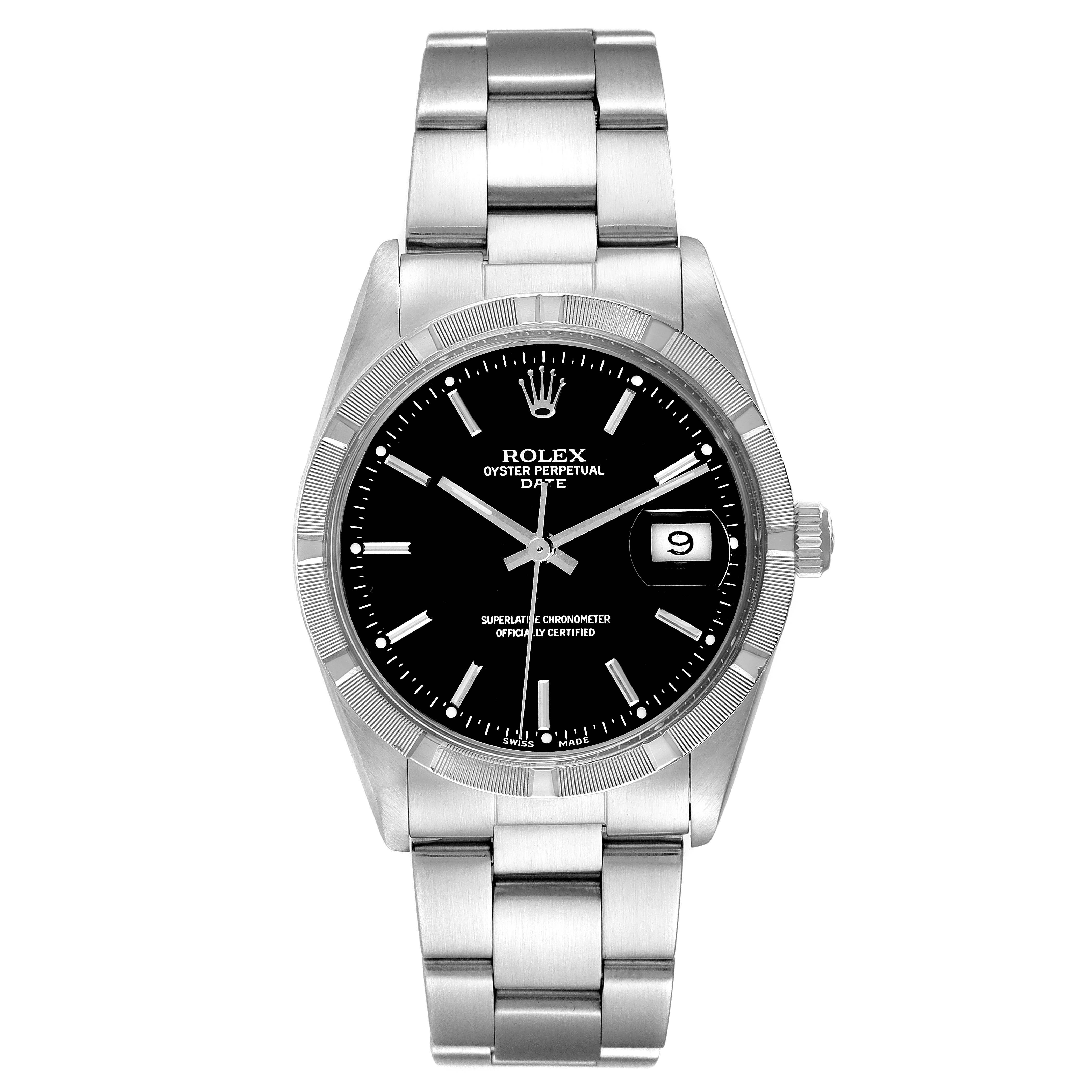 The image shows a front view of a Rolex Date 15010 Men's Stainless Steel Black Dial 15010 Men's Stainless Steel Black Dial model watch, highlighting its dial, bezel, bracelet, hands, and date window.