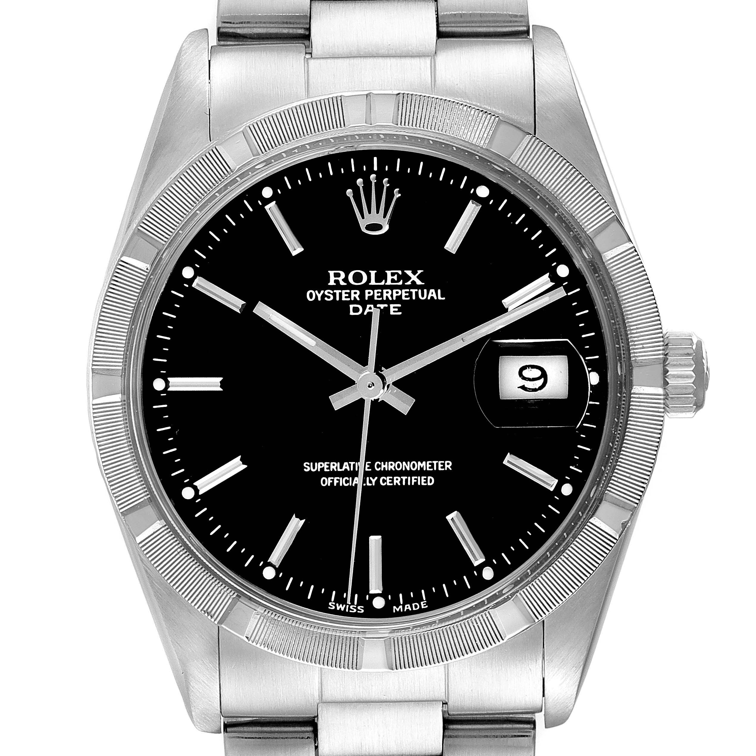 The image shows a front view of a Rolex Oyster Perpetual Date watch, highlighting the dial, bezel, and bracelet.