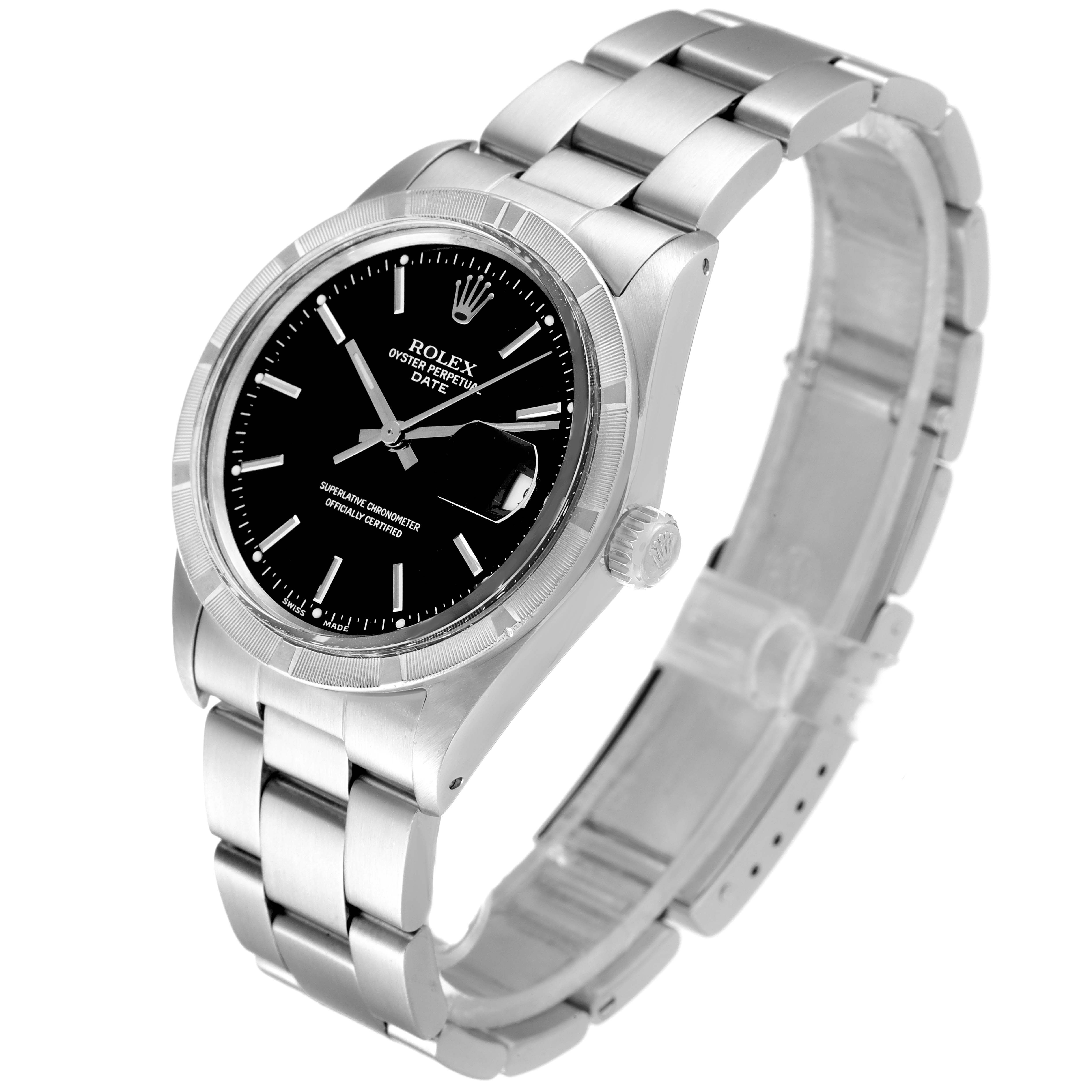 The image shows a Rolex Date 15010 Men's Stainless Steel Black Dial 15010 Men's Stainless Steel Black Dial model watch at a three-quarter angle, highlighting its black dial, fluted bezel, and metal bracelet.