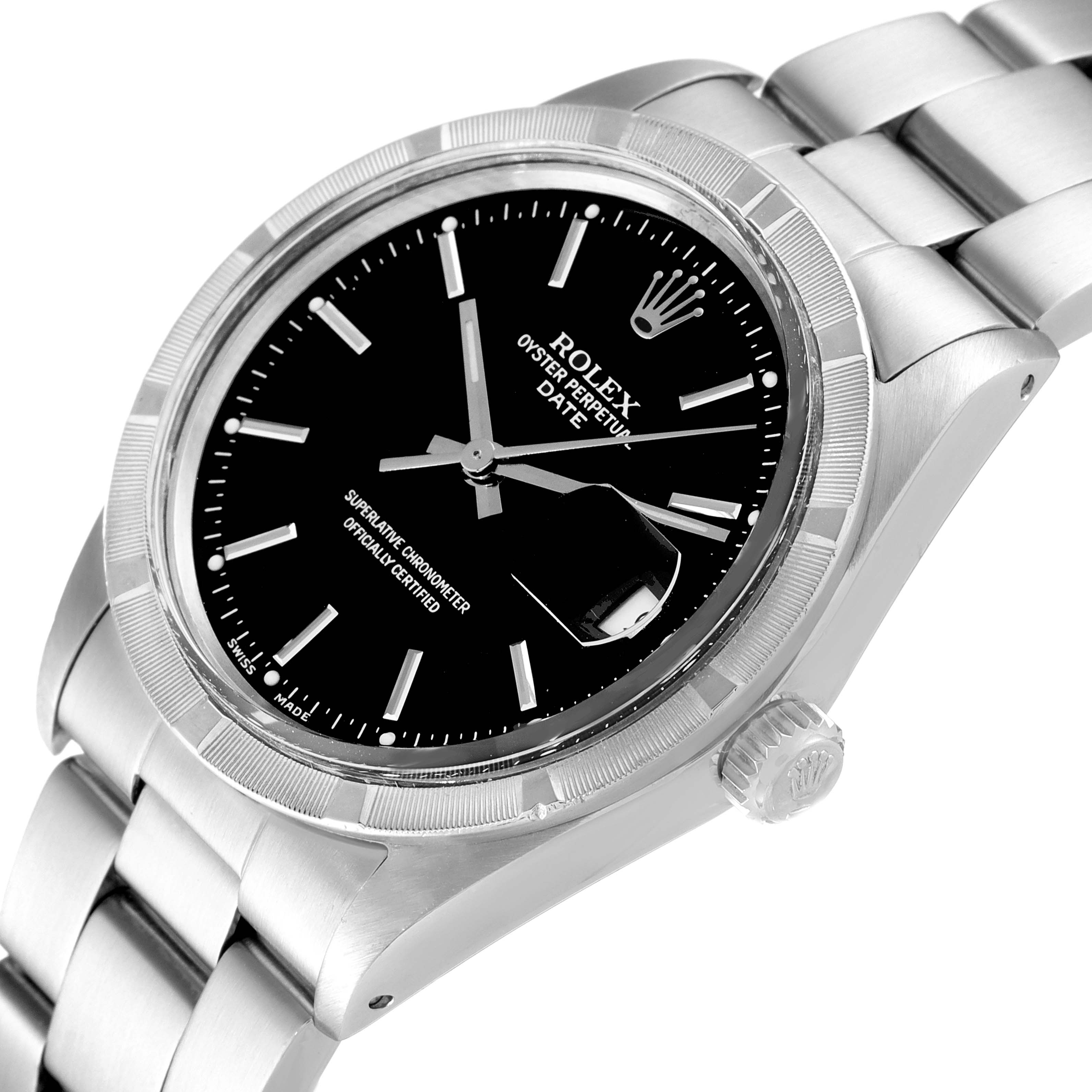 The image shows a semi-side view of a Rolex Date 15010 Men's Stainless Steel Black Dial 15010 Men's Stainless Steel Black Dial watch, highlighting the black dial, bezel, crown, and part of the bracelet.