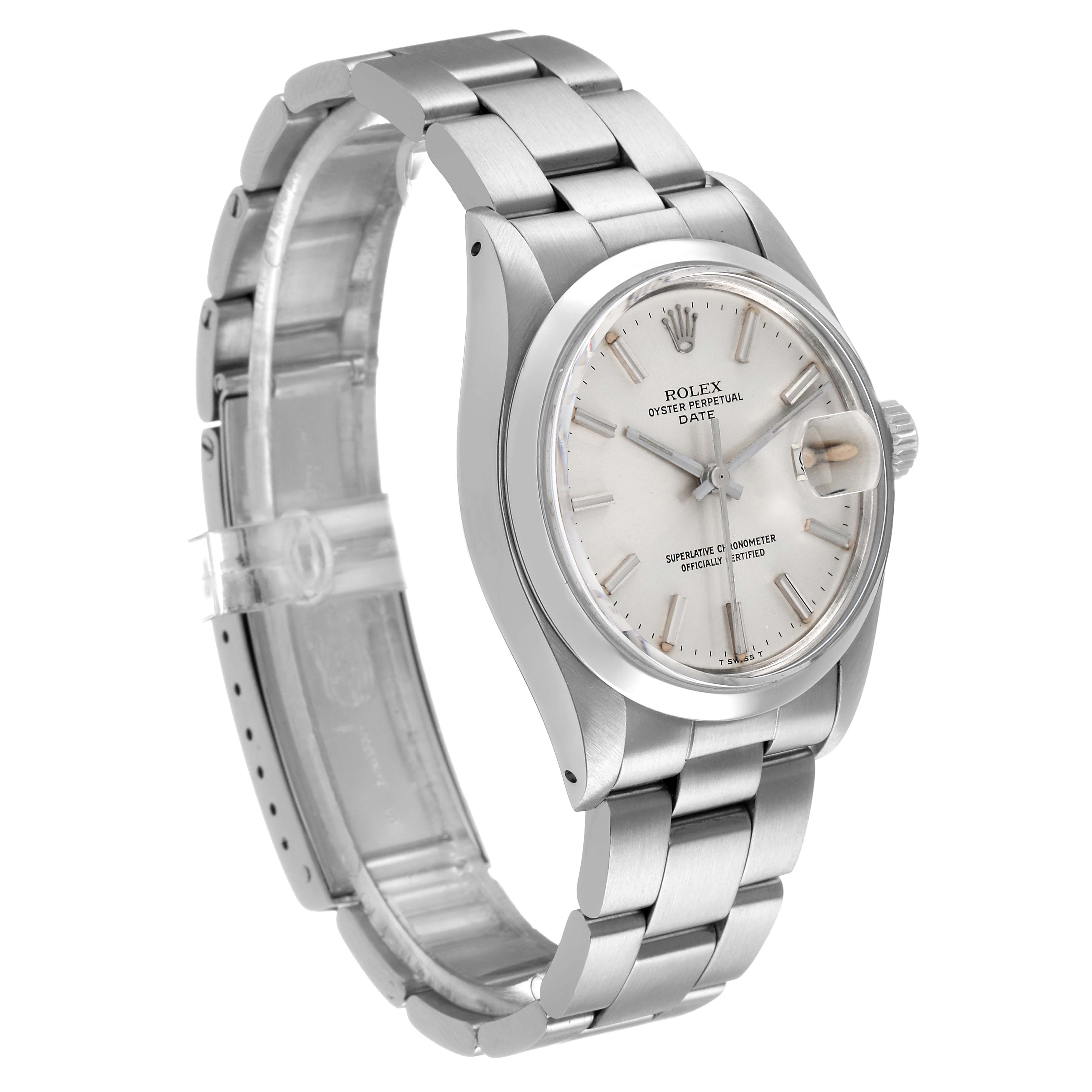 The Rolex Date 1500 Men's Stainless Steel Silver Dial model watch is shown at an oblique angle highlighting the dial, case, crown, and bracelet.