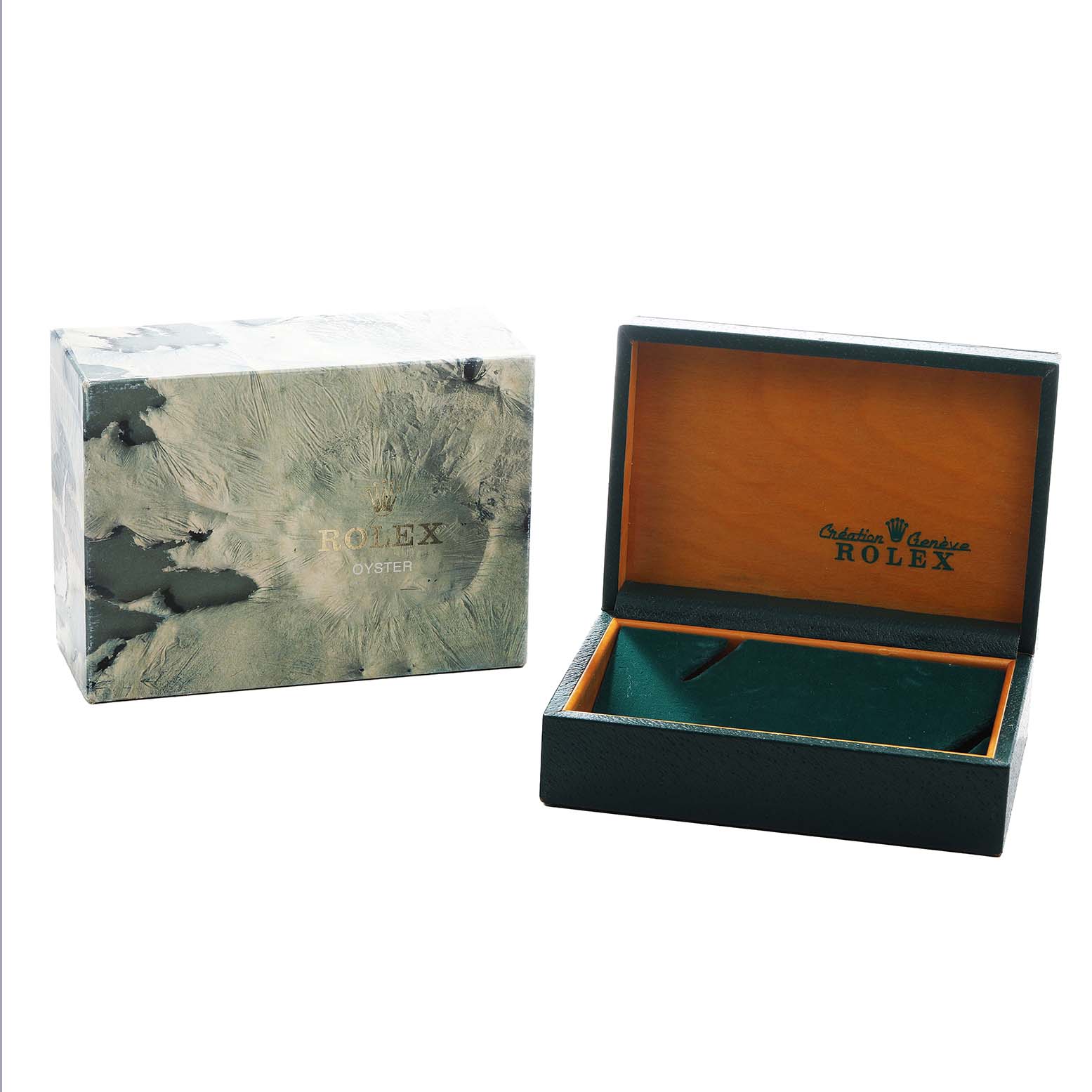 The image shows the packaging for a Rolex Date 1500 Men's Stainless Steel Silver Dial model, including an outer box and an open inner box.