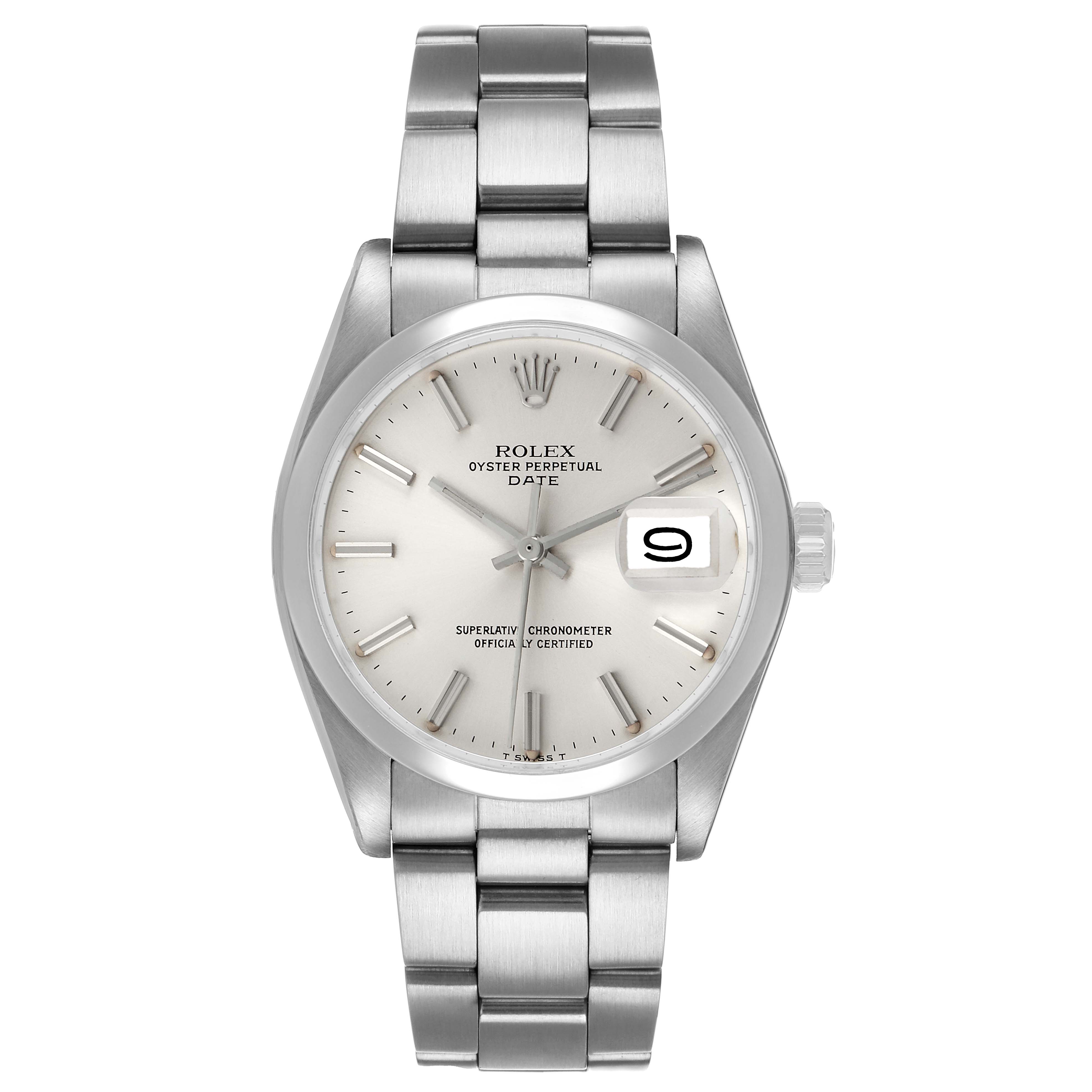 The Rolex Date 1500 Men's Stainless Steel Silver Dial model is shown from a front angle, displaying the dial, bezel, bracelet, and date magnifier.