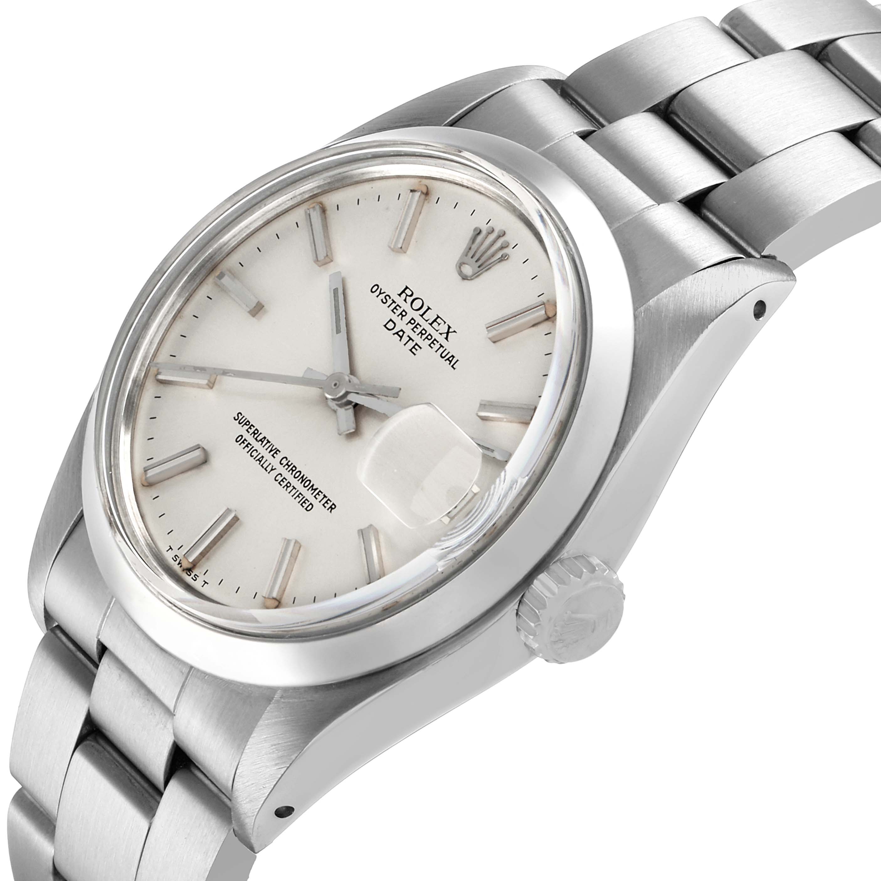 The image shows a Rolex Date 1500 Men's Stainless Steel Silver Dial watch at an angled side view, highlighting the dial, case, crown, and part of the bracelet.
