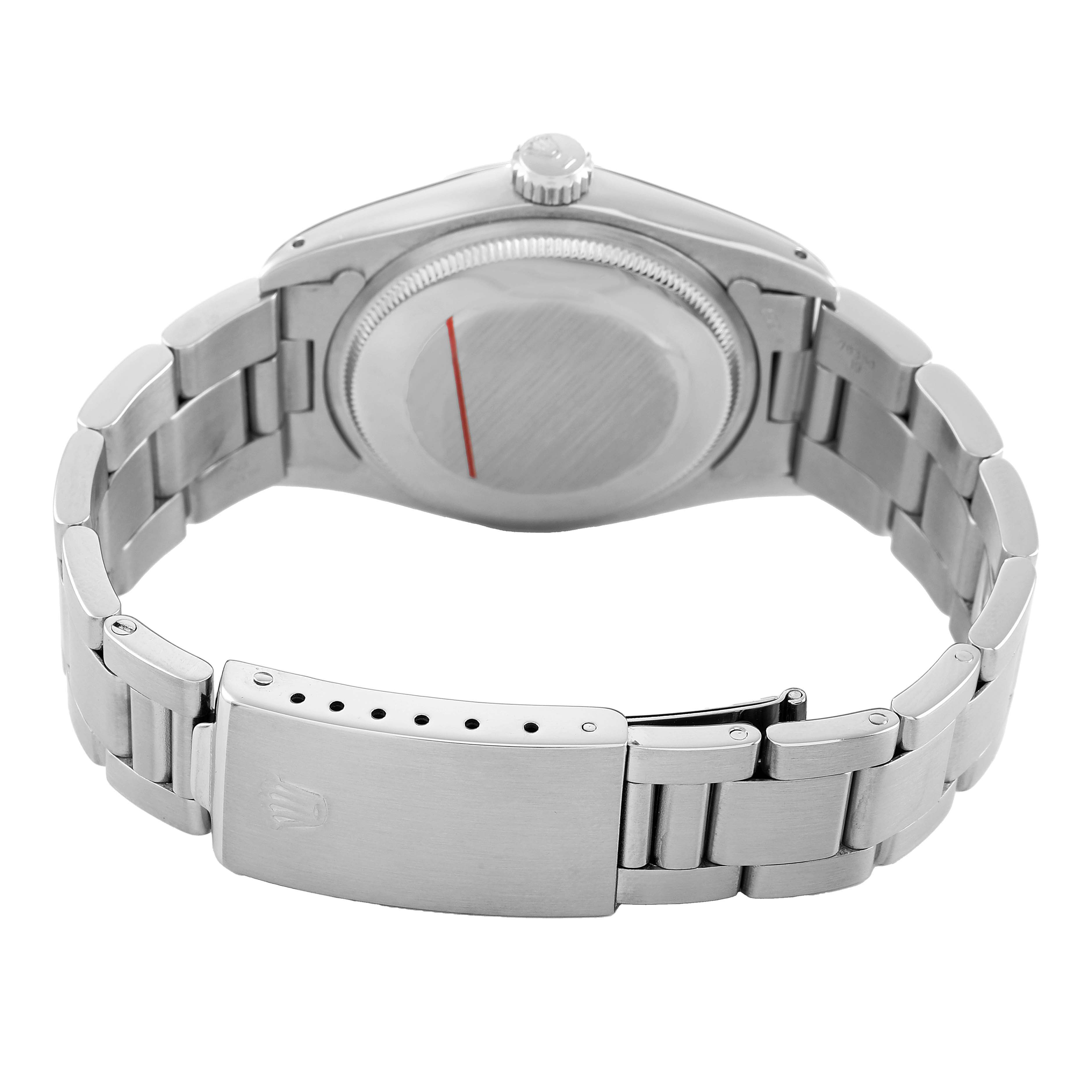 The image shows the back and clasp of a Rolex Date 1500 Men's Stainless Steel Silver Dial model, highlighting the bracelet and case back features.