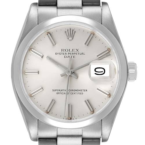 The Rolex Date 1500 Men's Stainless Steel Silver Dial watch is shown from a front angle, displaying the dial, hands, date window, and part of the bracelet.