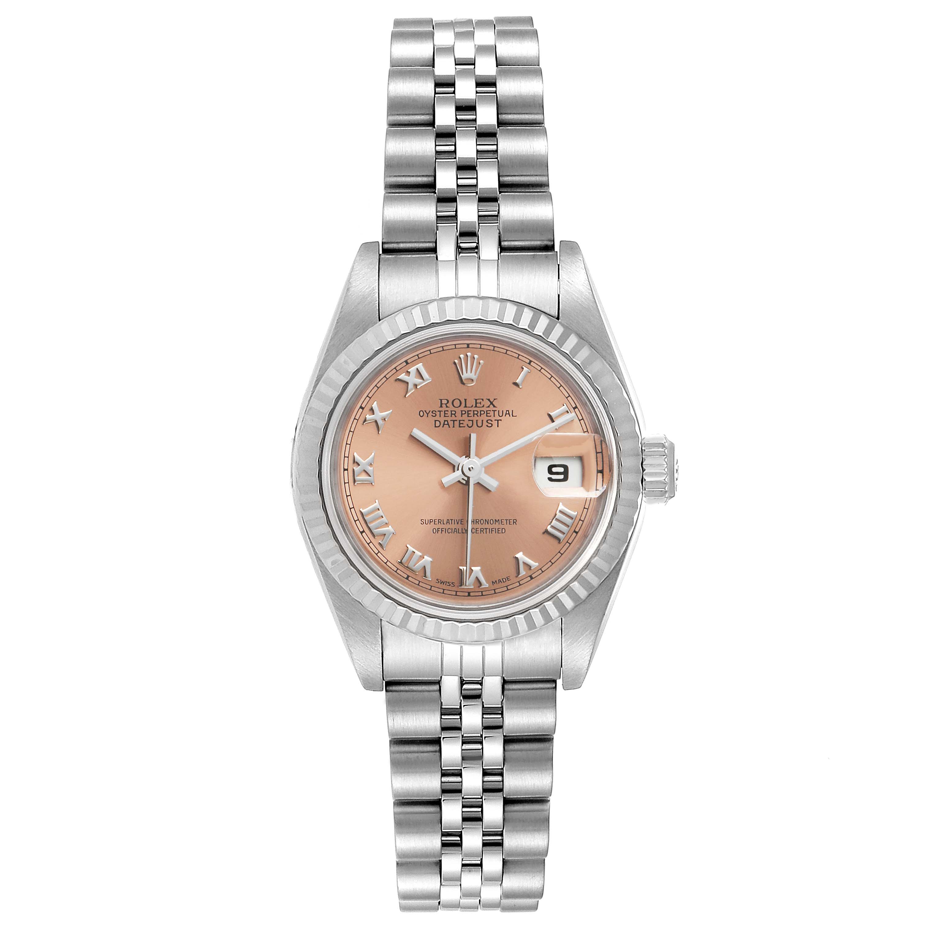 The image shows a frontal view of a Rolex Datejust 79174 Women's Stainless Steel Pink Dial 79174 Women's Stainless Steel Pink Dial watch, including the dial, bezel, case, and bracelet.