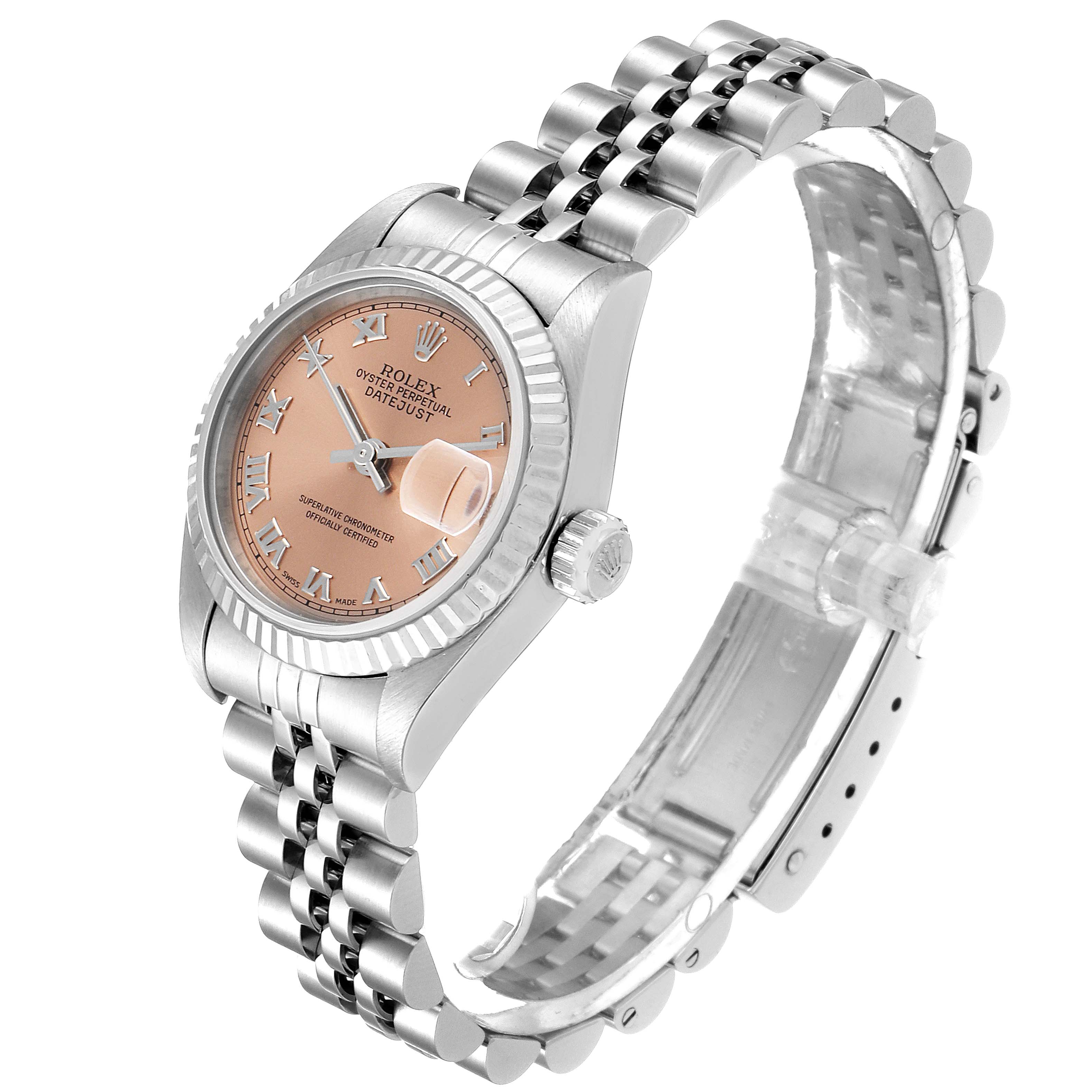 The image shows a side perspective of a Rolex Datejust 79174 Women's Stainless Steel Pink Dial 79174 Women's Stainless Steel Pink Dial watch, highlighting the bezel, dial, crown, and bracelet.