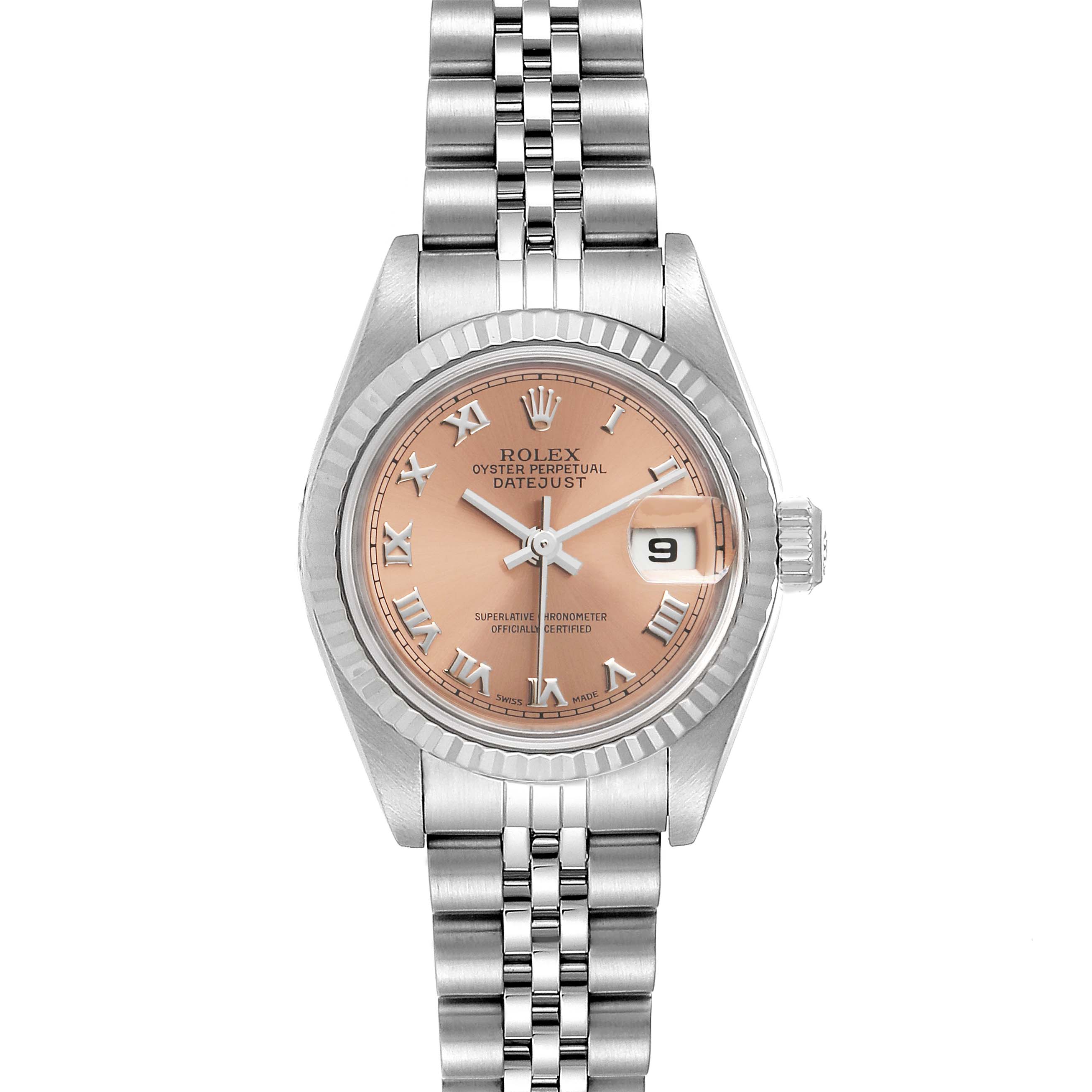 This image shows a front view of a Rolex Datejust 79174 Women's Stainless Steel Pink Dial 79174 Women's Stainless Steel Pink Dial watch, displaying the dial, fluted bezel, and part of the bracelet.