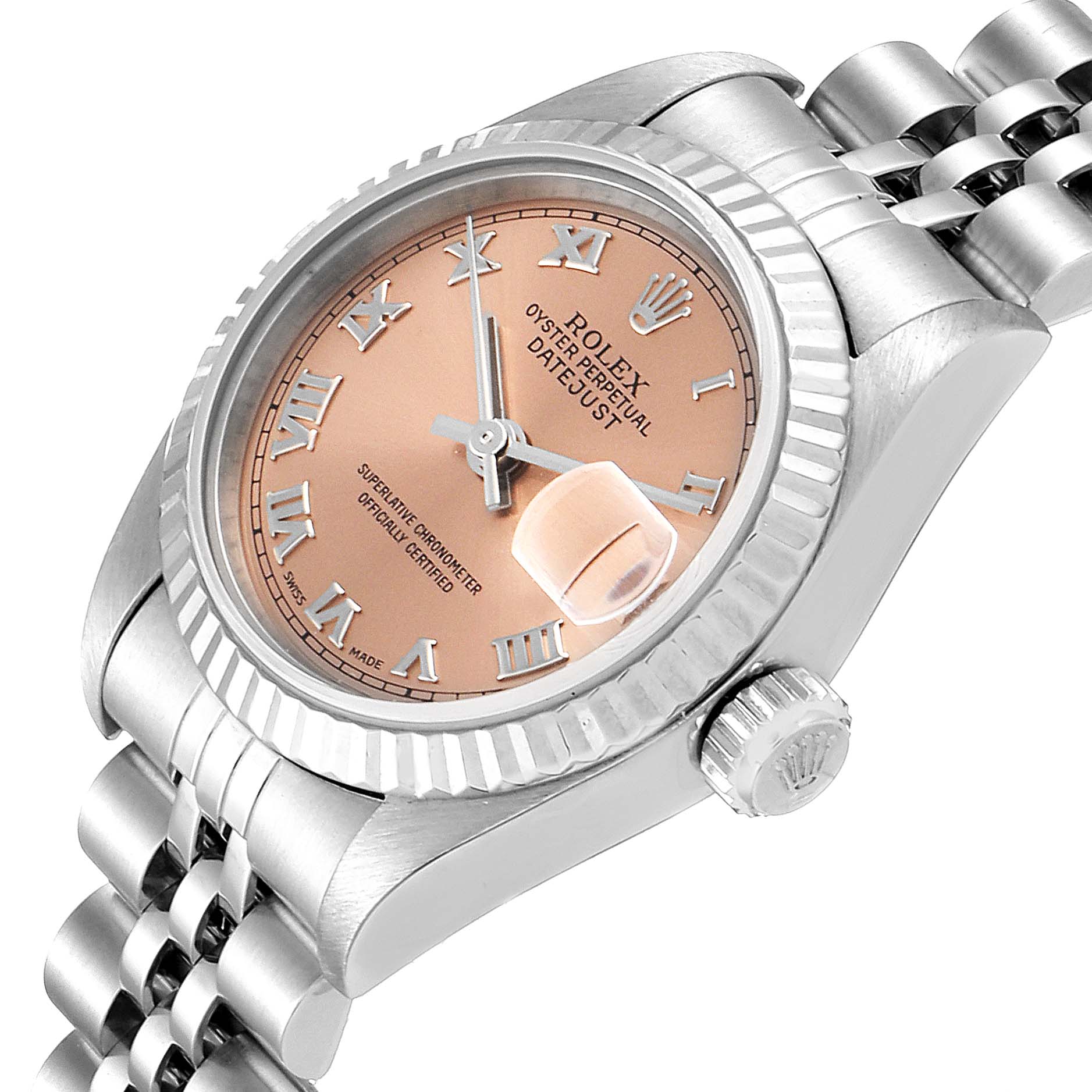 This image shows a Rolex Datejust 79174 Women's Stainless Steel Pink Dial 79174 Women's Stainless Steel Pink Dial watch at an angled close-up, highlighting its dial, bezel, crown, and bracelet.