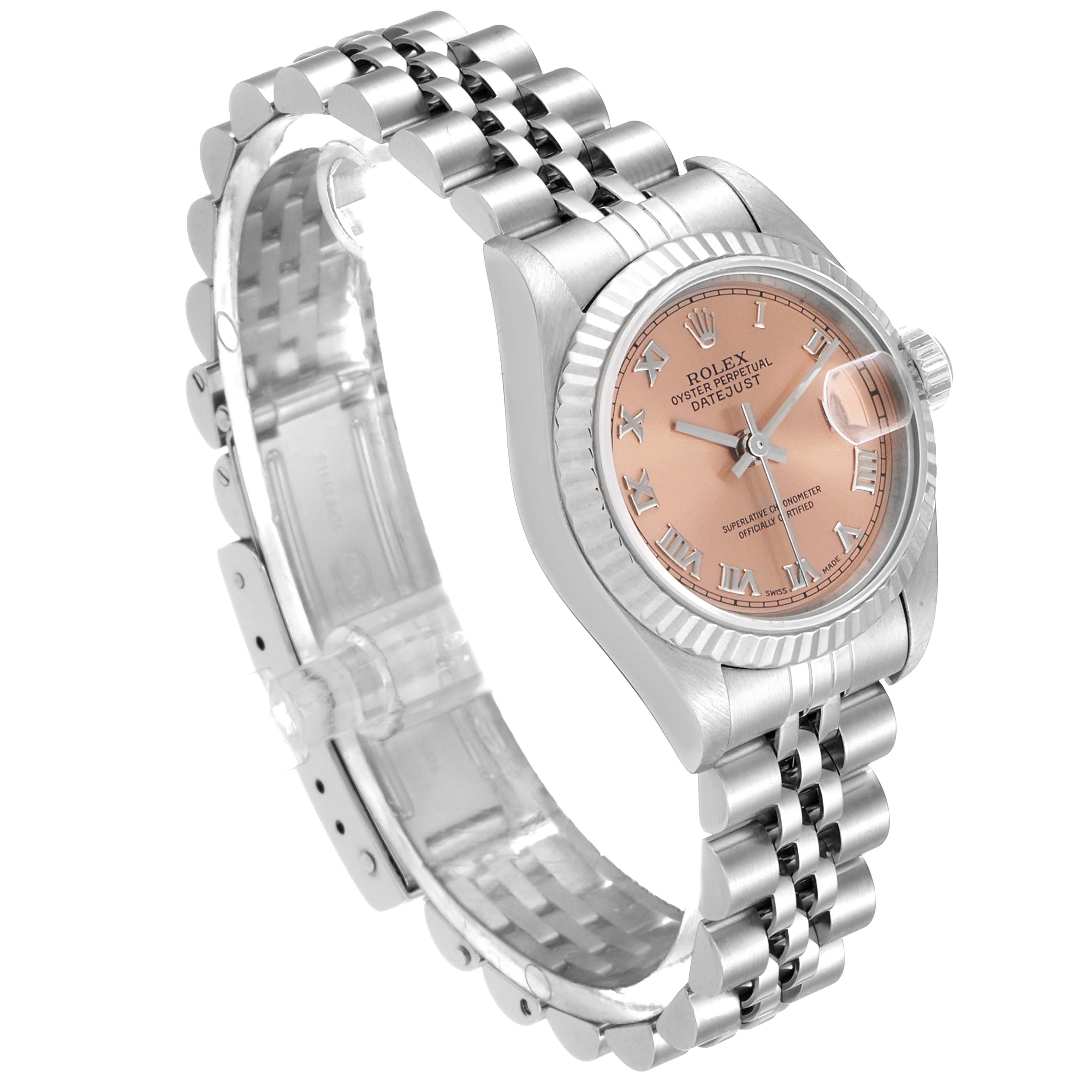 This side-angle view of the Rolex Datejust 79174 Women's Stainless Steel Pink Dial 79174 Women's Stainless Steel Pink Dial watch shows the face, bezel, crown, and metal bracelet.