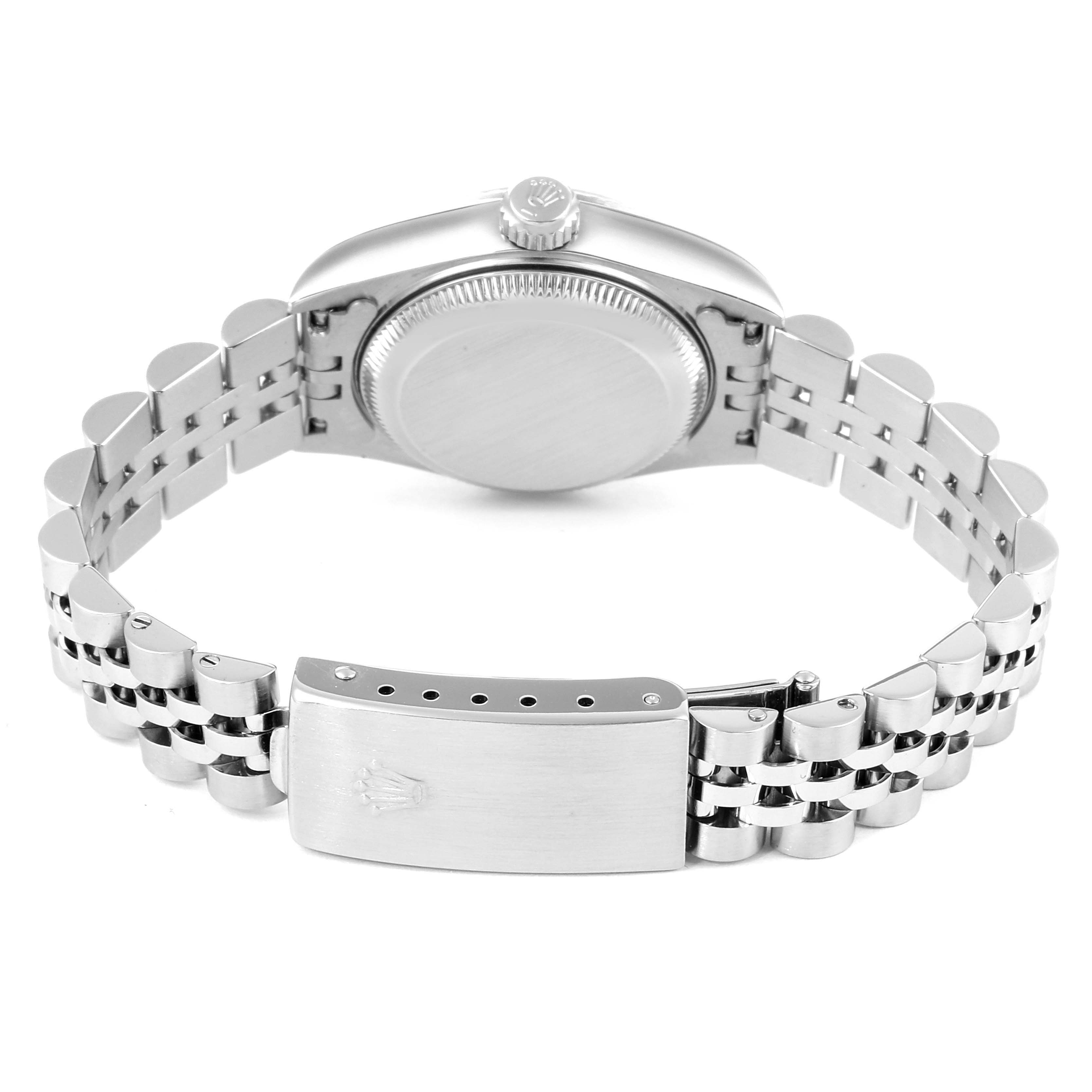 This image shows the back case and clasp of a Rolex Datejust 79174 Women's Stainless Steel Pink Dial 79174 Women's Stainless Steel Pink Dial watch, viewed from the rear.