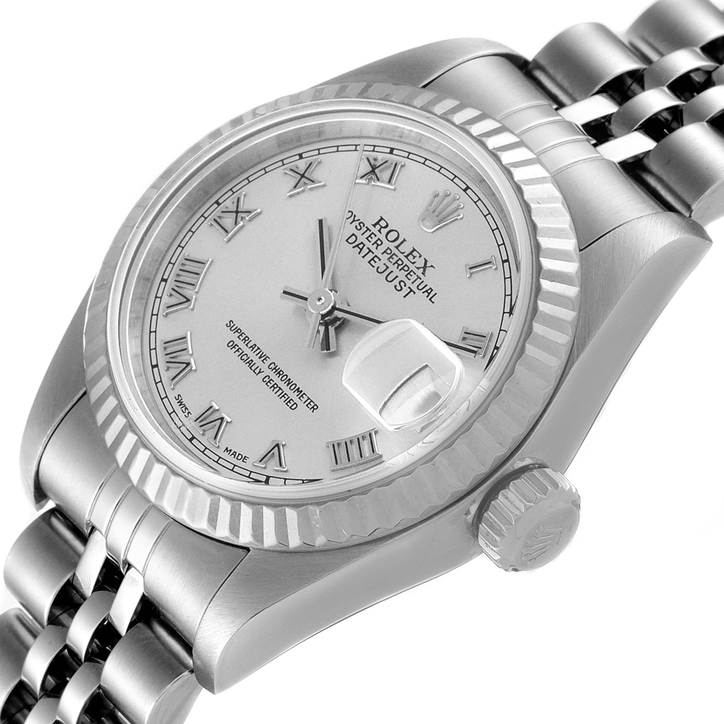 This image shows a close-up angle of the Rolex Datejust 79174 Women
s Stainless Steel Silver Dial 79174 Women
s Stainless Steel Silver Dial watch, highlighting the crown, dial, bezel, and part of the jubilee bracelet.