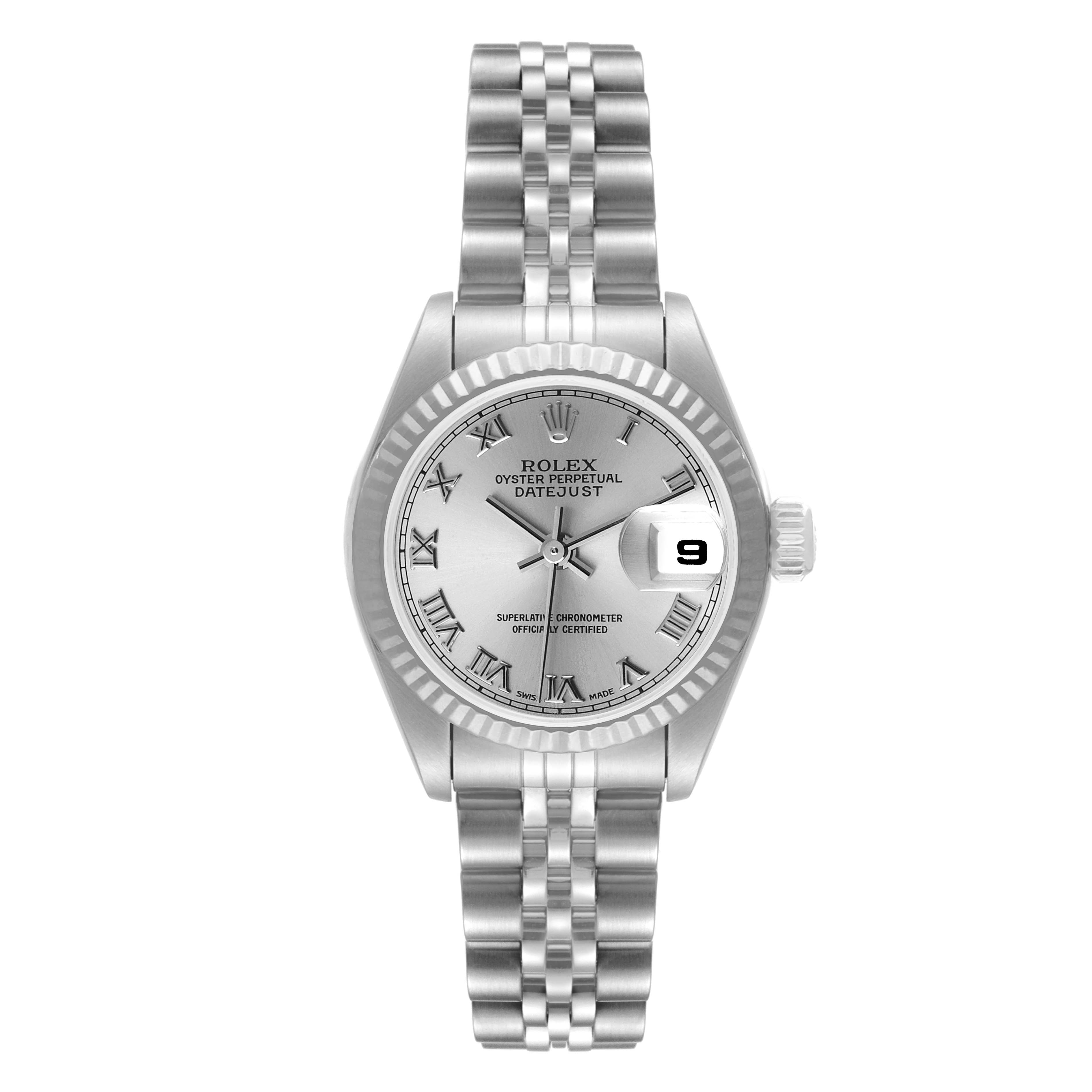 This image shows a front view of a Rolex Datejust 79174 Women
s Stainless Steel Silver Dial 79174 Women
s Stainless Steel Silver Dial watch, highlighting the dial, bracelet, and date window.