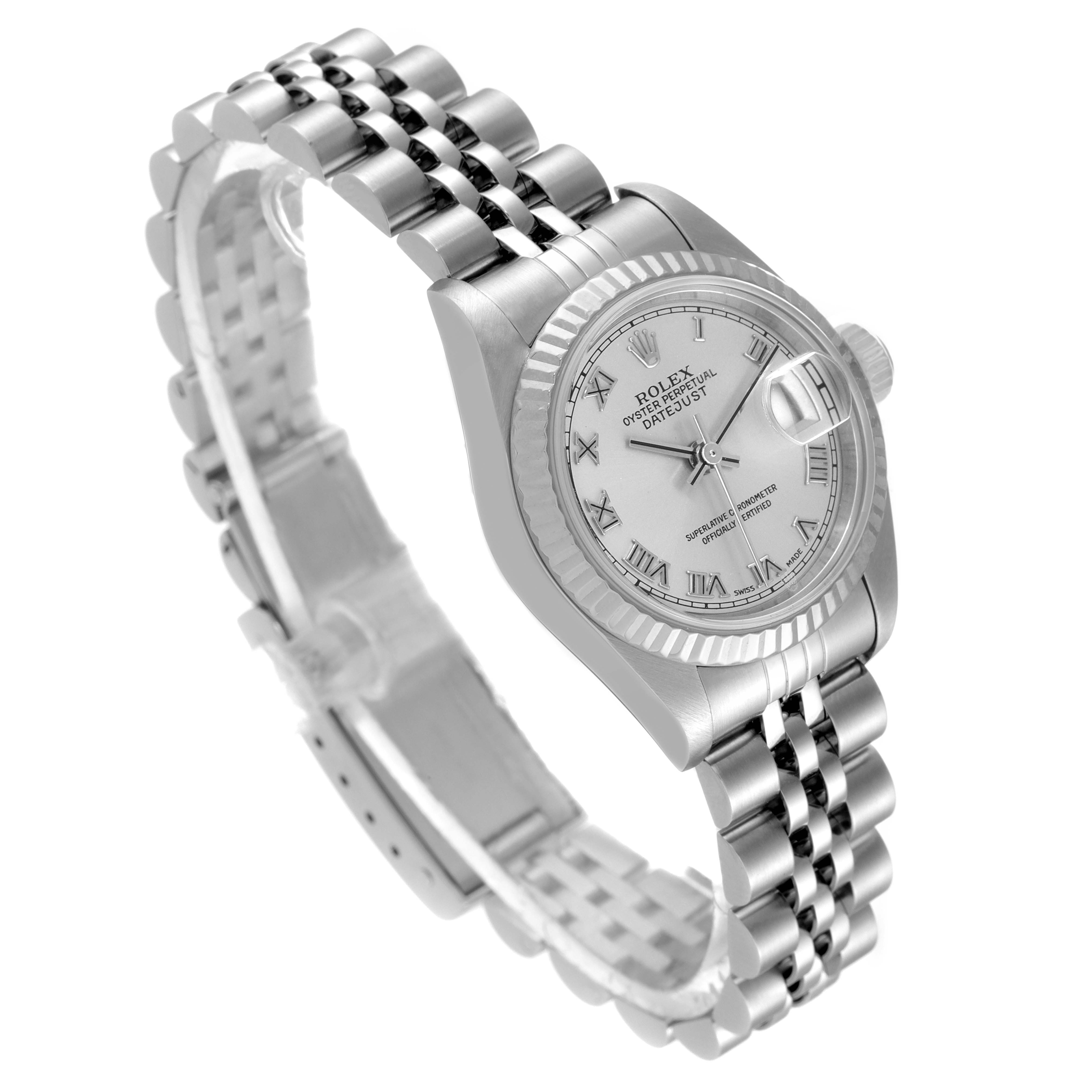 The image shows a Rolex Datejust 79174 Women
s Stainless Steel Silver Dial 79174 Women
s Stainless Steel Silver Dial watch at an angled side view, highlighting the dial, bezel, and bracelet.