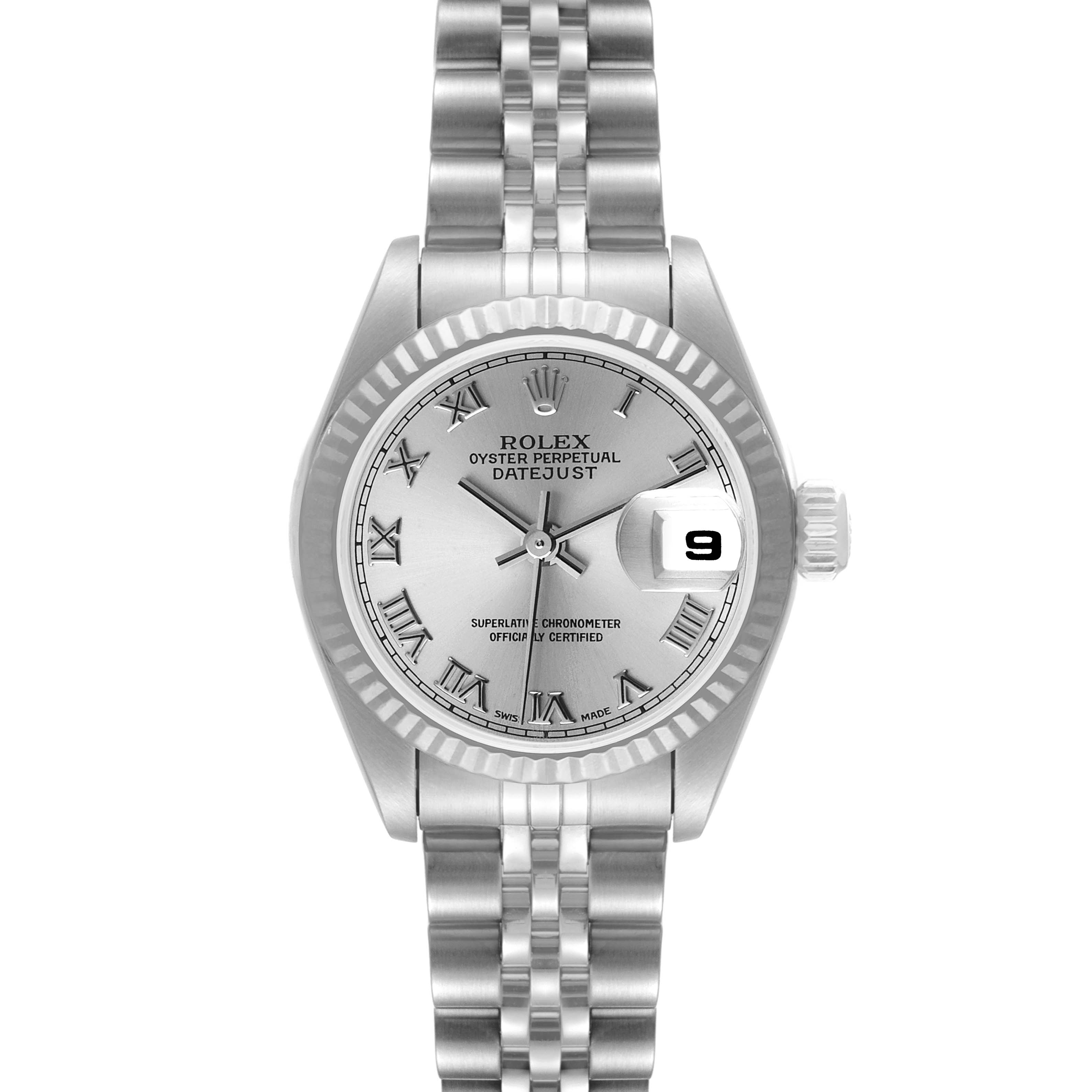 This image shows a front view of a Rolex Datejust 79174 Women
s Stainless Steel Silver Dial 79174 Women
s Stainless Steel Silver Dial model watch, highlighting the face, bezel, and bracelet.
