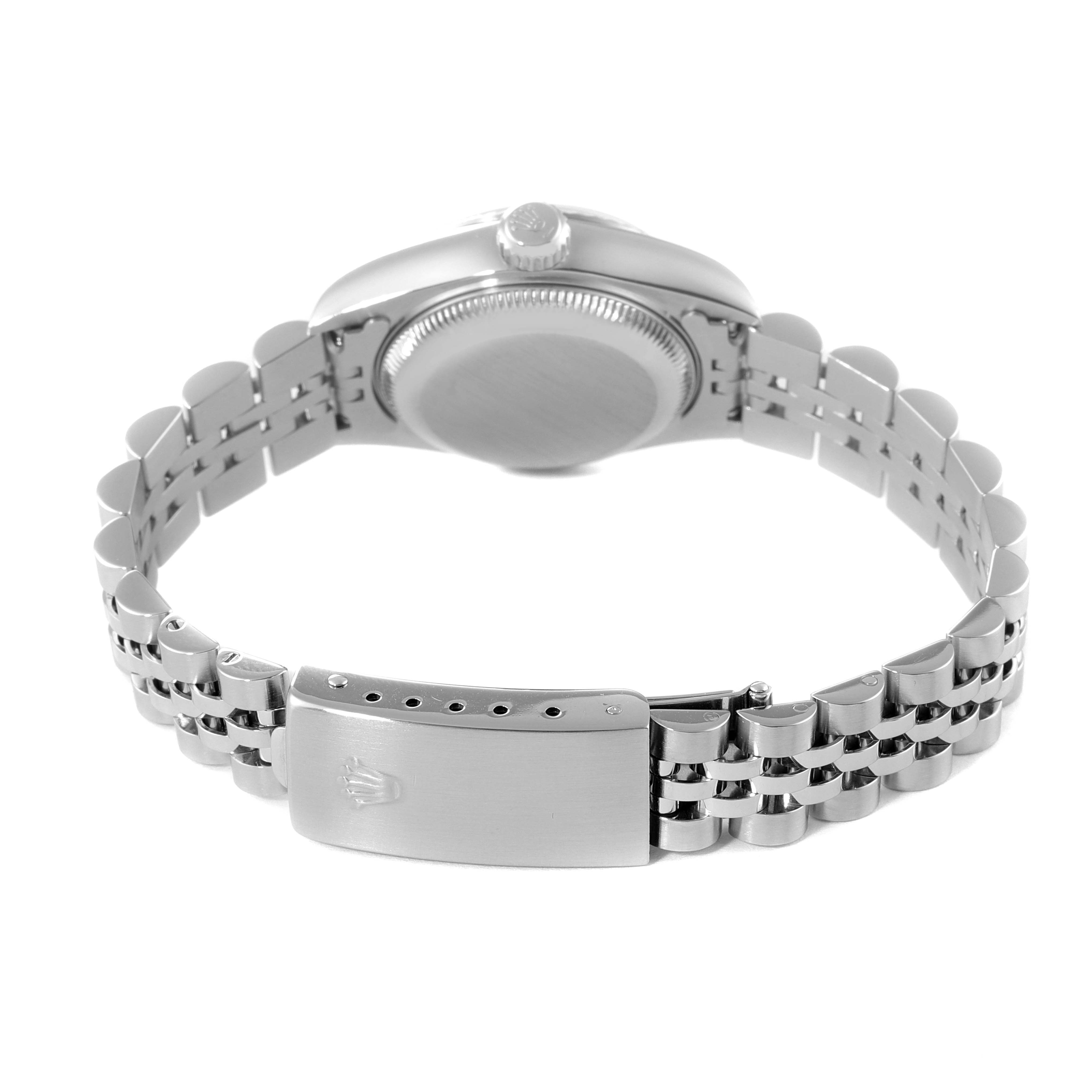 The image shows the back and bracelet clasp of a Rolex Datejust 79174 Women
s Stainless Steel Silver Dial 79174 Women
s Stainless Steel Silver Dial watch from a rear angle.