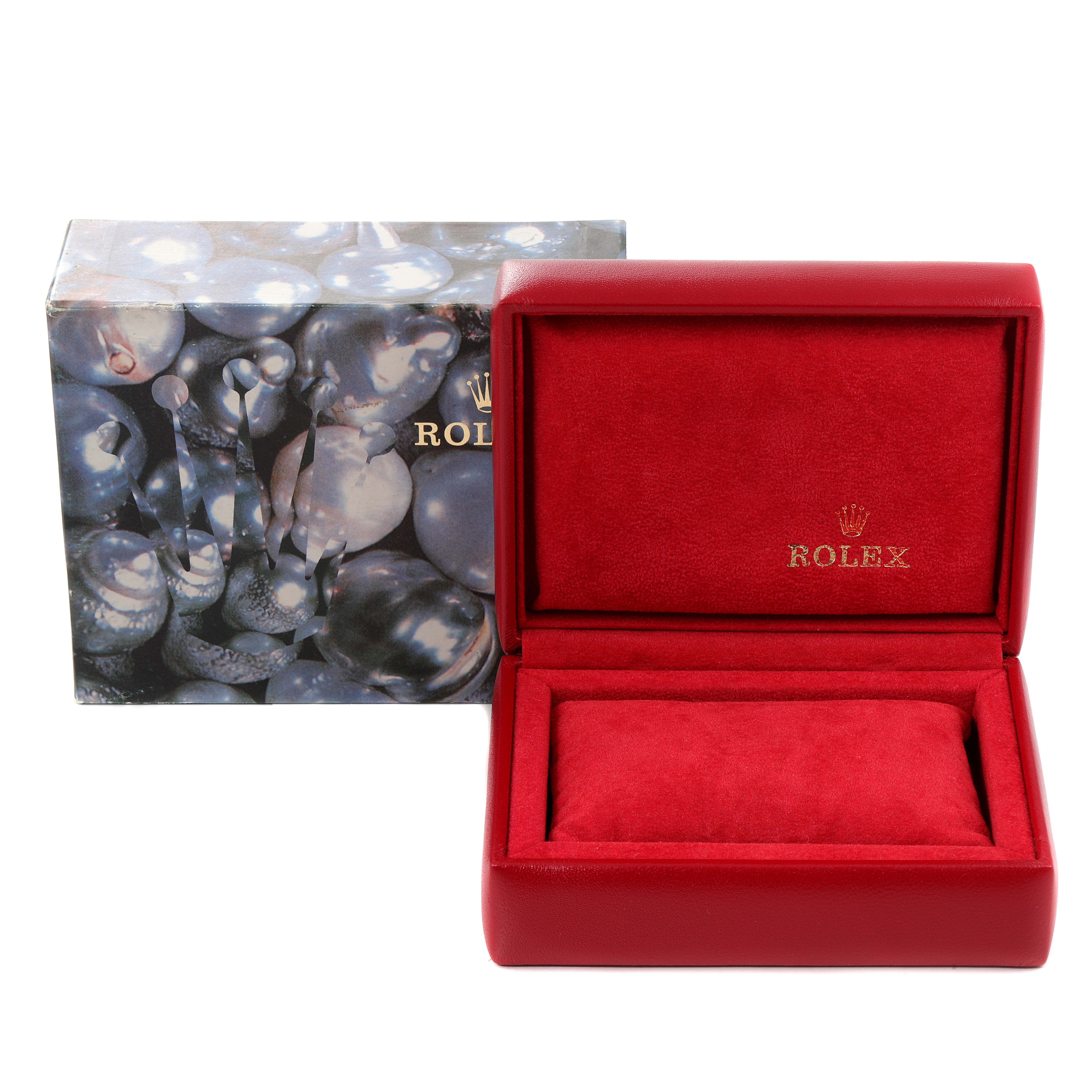 The image shows a red, open Rolex Datejust 79174 Women
s Stainless Steel Silver Dial 79174 Women
s Stainless Steel Silver Dial watch box with the Rolex logo inside and an outer decorative box.