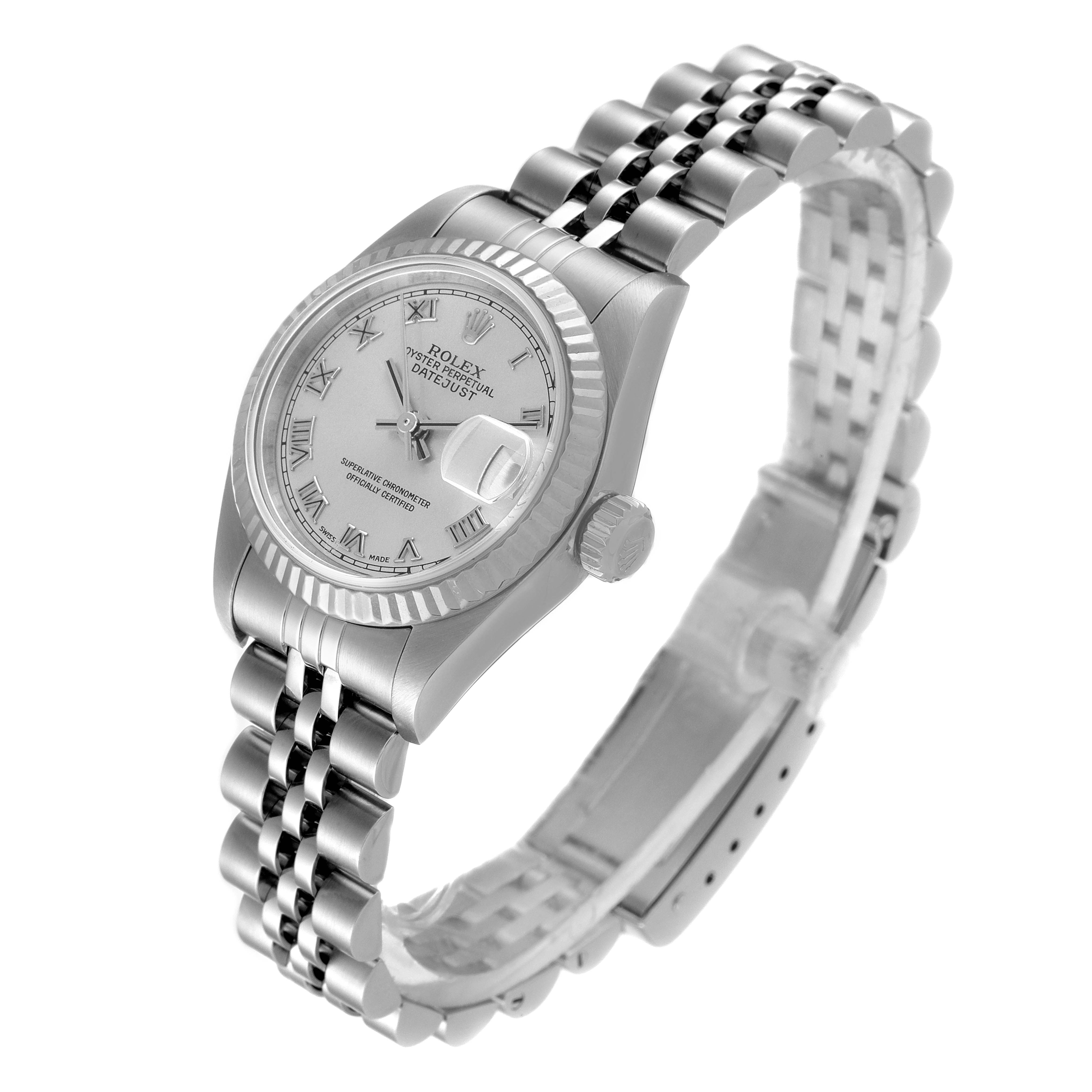 This image shows a Rolex Datejust 79174 Women
s Stainless Steel Silver Dial 79174 Women
s Stainless Steel Silver Dial watch at a three-quarter angle highlighting the dial, fluted bezel, and Jubilee bracelet.