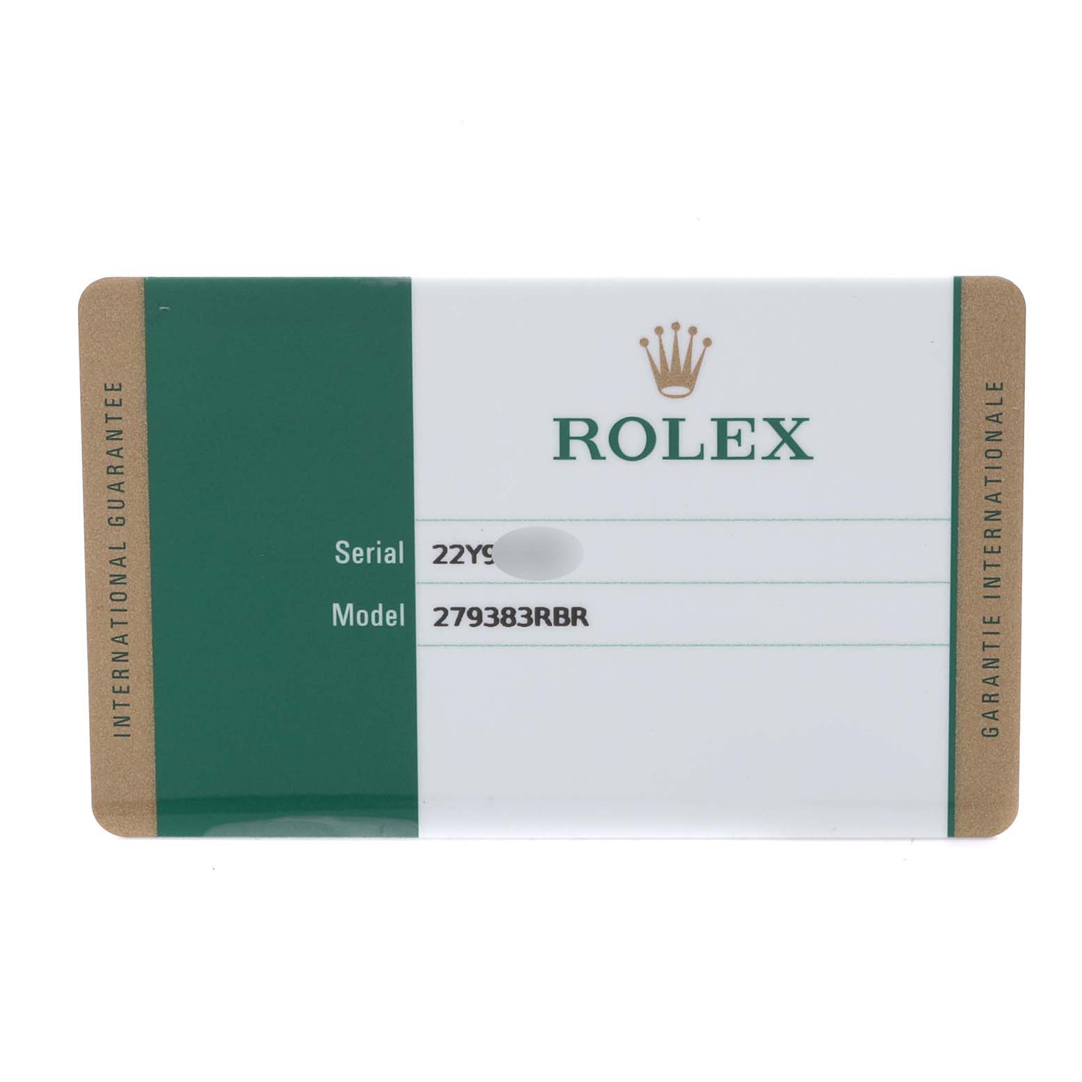 The image shows a Rolex Datejust 279383 Women's Steel and Gold (two tone) Purple Dial 279383 Women's Steel and Gold (two tone) Purple Dial warranty card featuring the model and serial numbers.