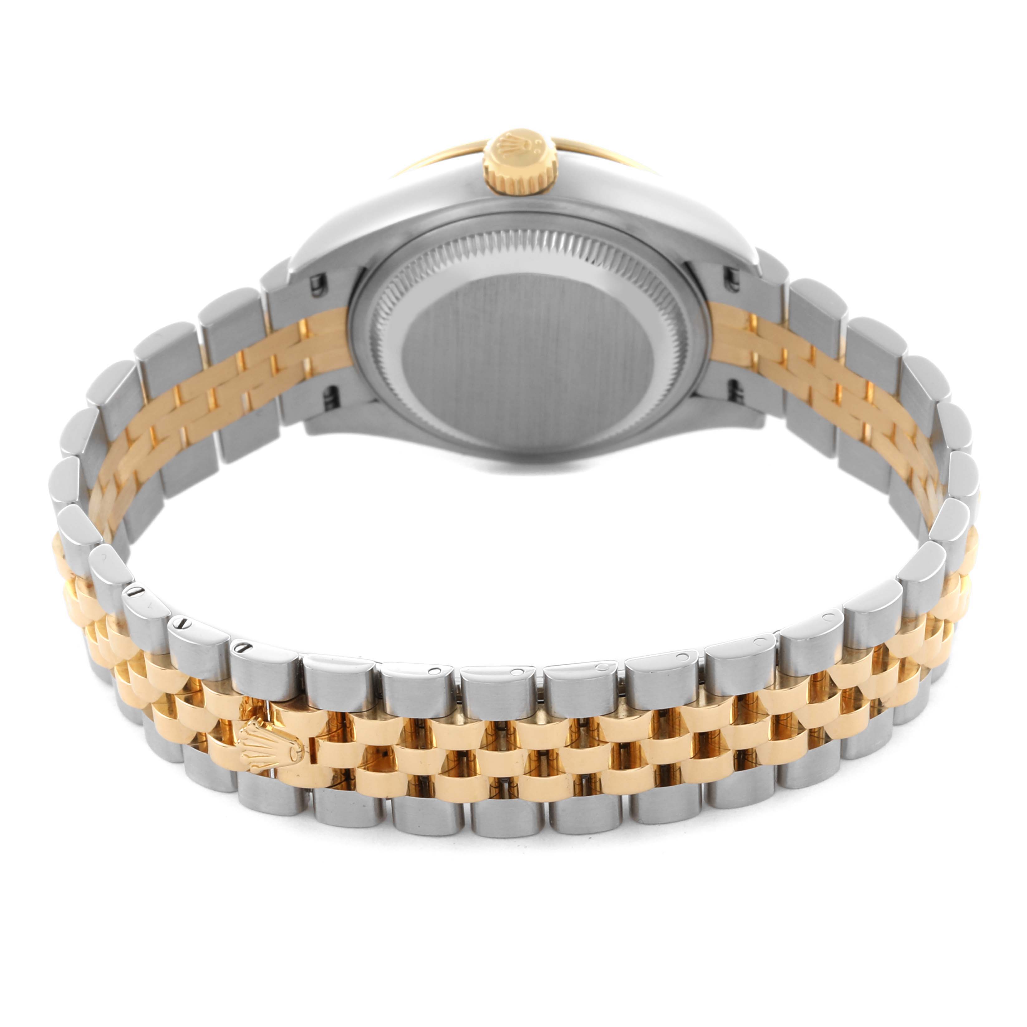 The image shows the back of a Rolex Datejust 279383 Women's Steel and Gold (two tone) Purple Dial 279383 Women's Steel and Gold (two tone) Purple Dial, highlighting the two-tone bracelet and watch case.