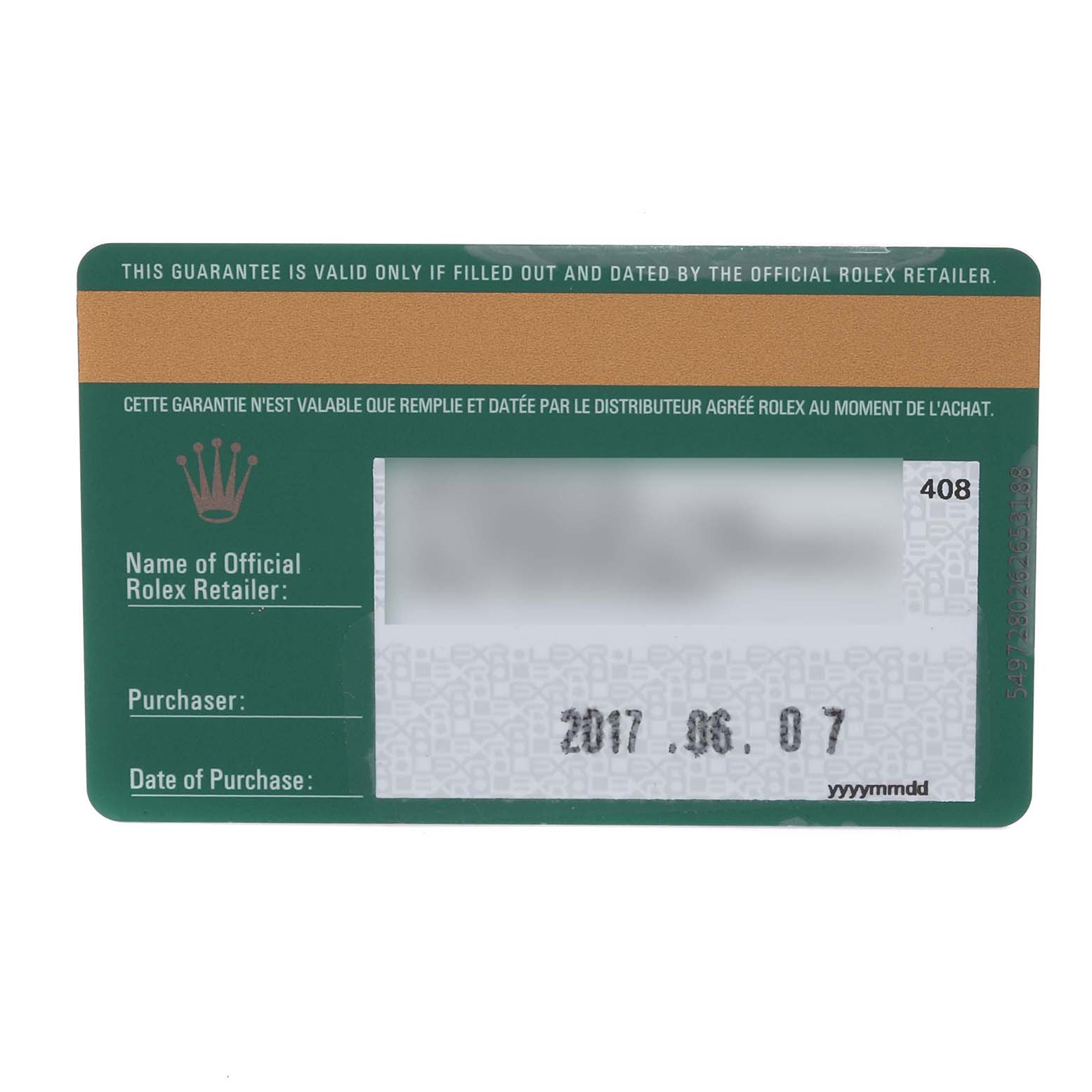 The image shows a guarantee card for a Rolex Datejust 279383 Women's Steel and Gold (two tone) Purple Dial 279383 Women's Steel and Gold (two tone) Purple Dial watch from an official retailer.