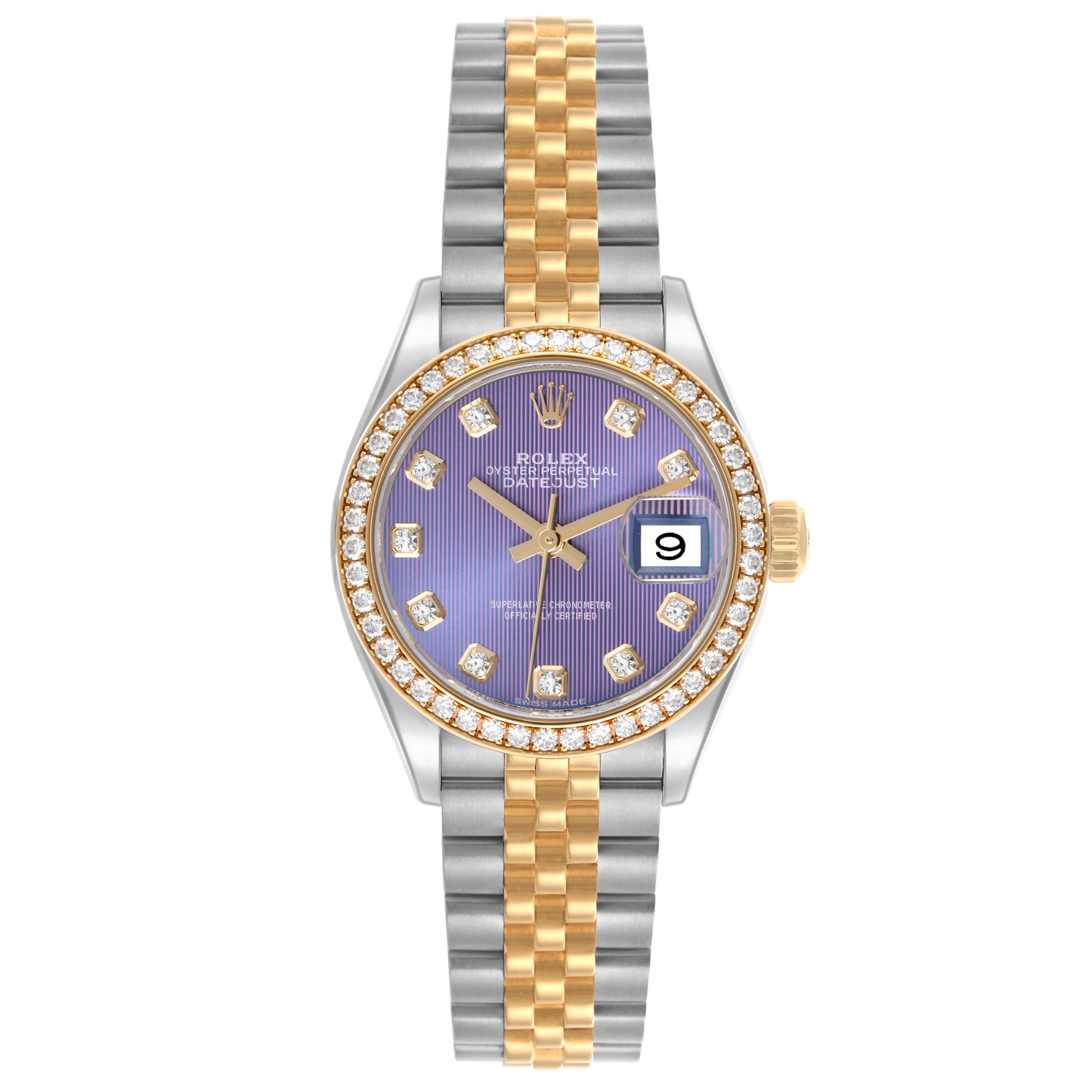 The Rolex Datejust 279383 Women's Steel and Gold (two tone) Purple Dial 279383 Women's Steel and Gold (two tone) Purple Dial watch is shown from a front angle, highlighting its jubilee bracelet, diamond bezel, and dial with a date window.