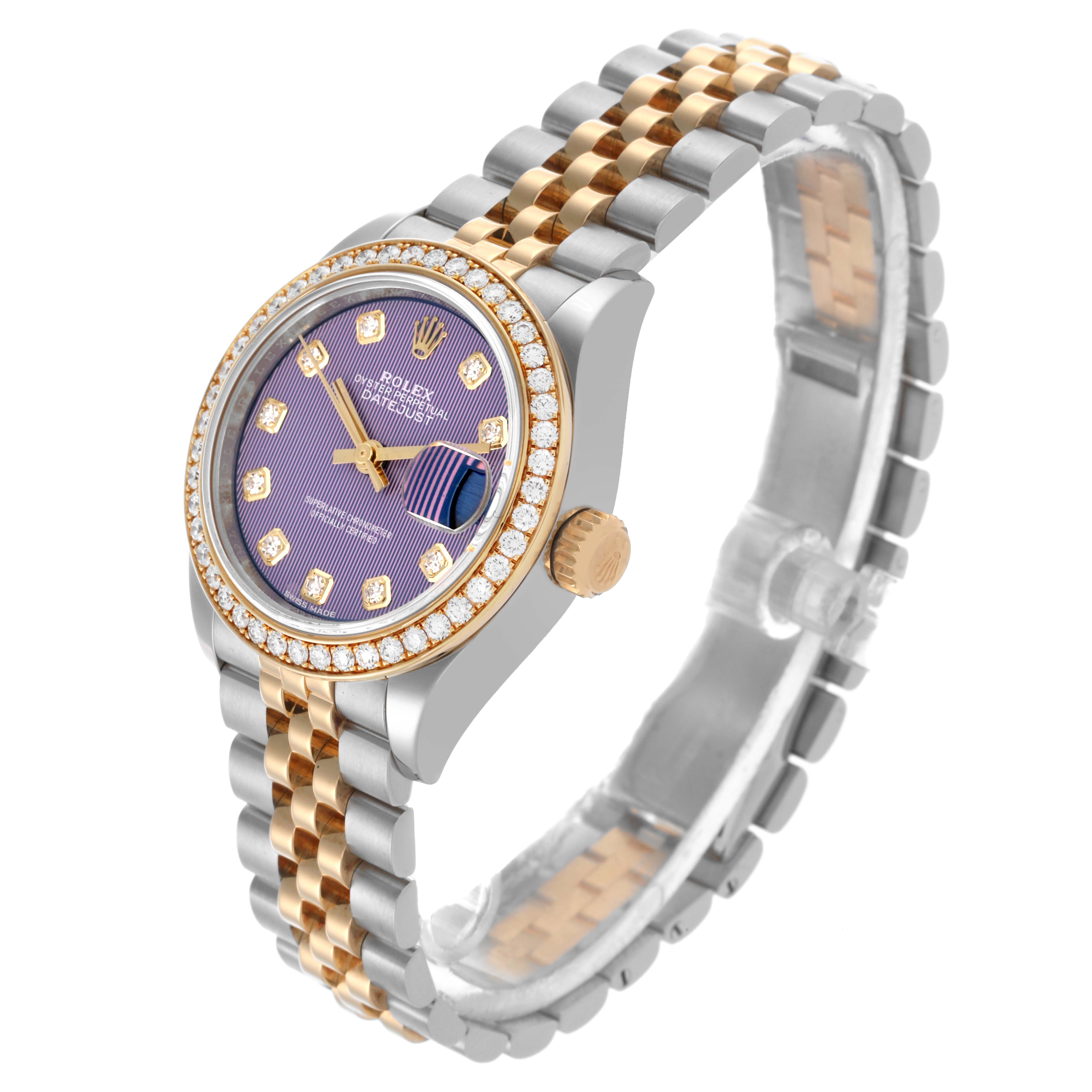 The Rolex Datejust 279383 Women's Steel and Gold (two tone) Purple Dial 279383 Women's Steel and Gold (two tone) Purple Dial watch is shown from a three-quarter angle, highlighting its dial, bezel, crown, and two-tone bracelet.