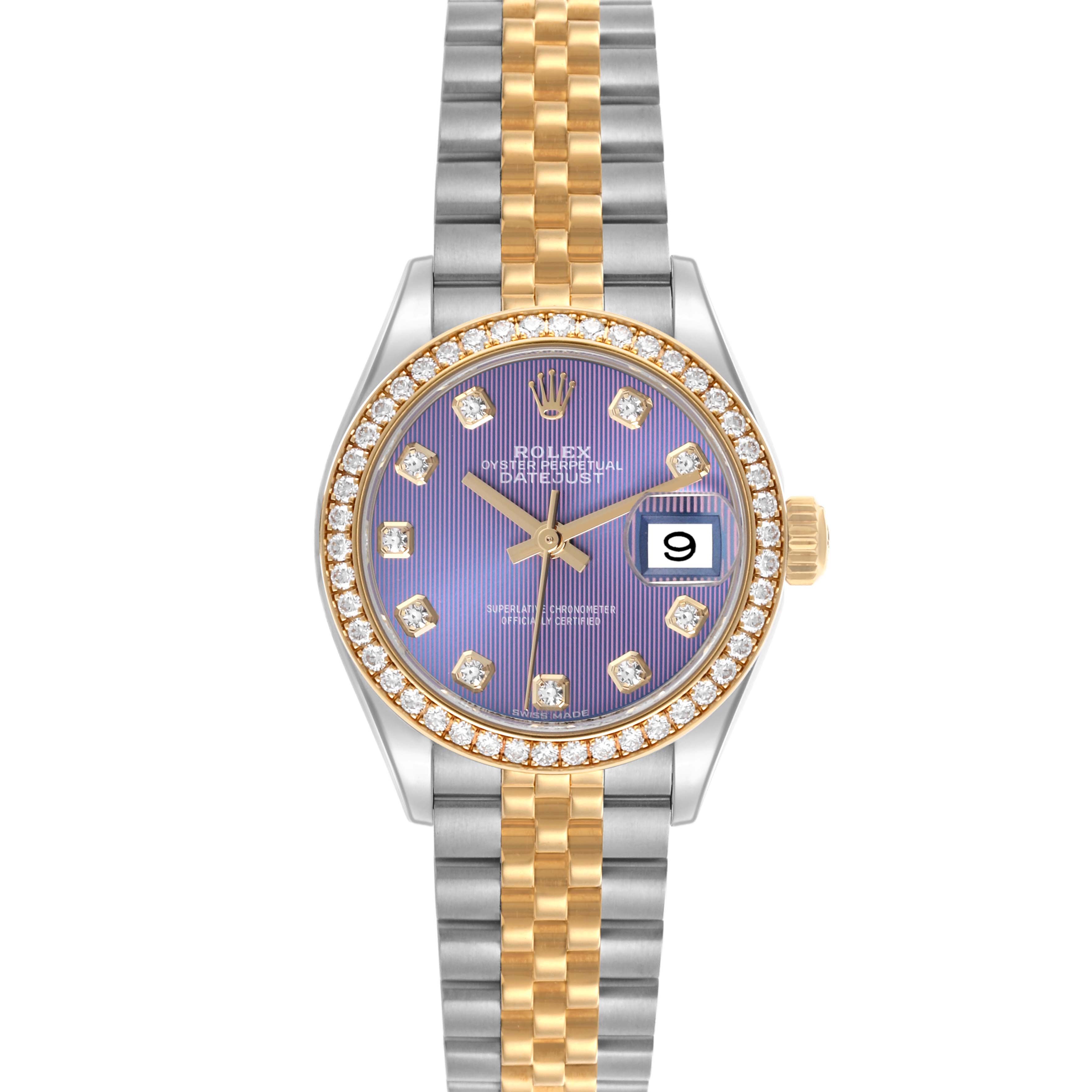 The Rolex Datejust 279383 Women's Steel and Gold (two tone) Purple Dial 279383 Women's Steel and Gold (two tone) Purple Dial watch is shown from a top-down angle, highlighting the dial, bezel, and bracelet.